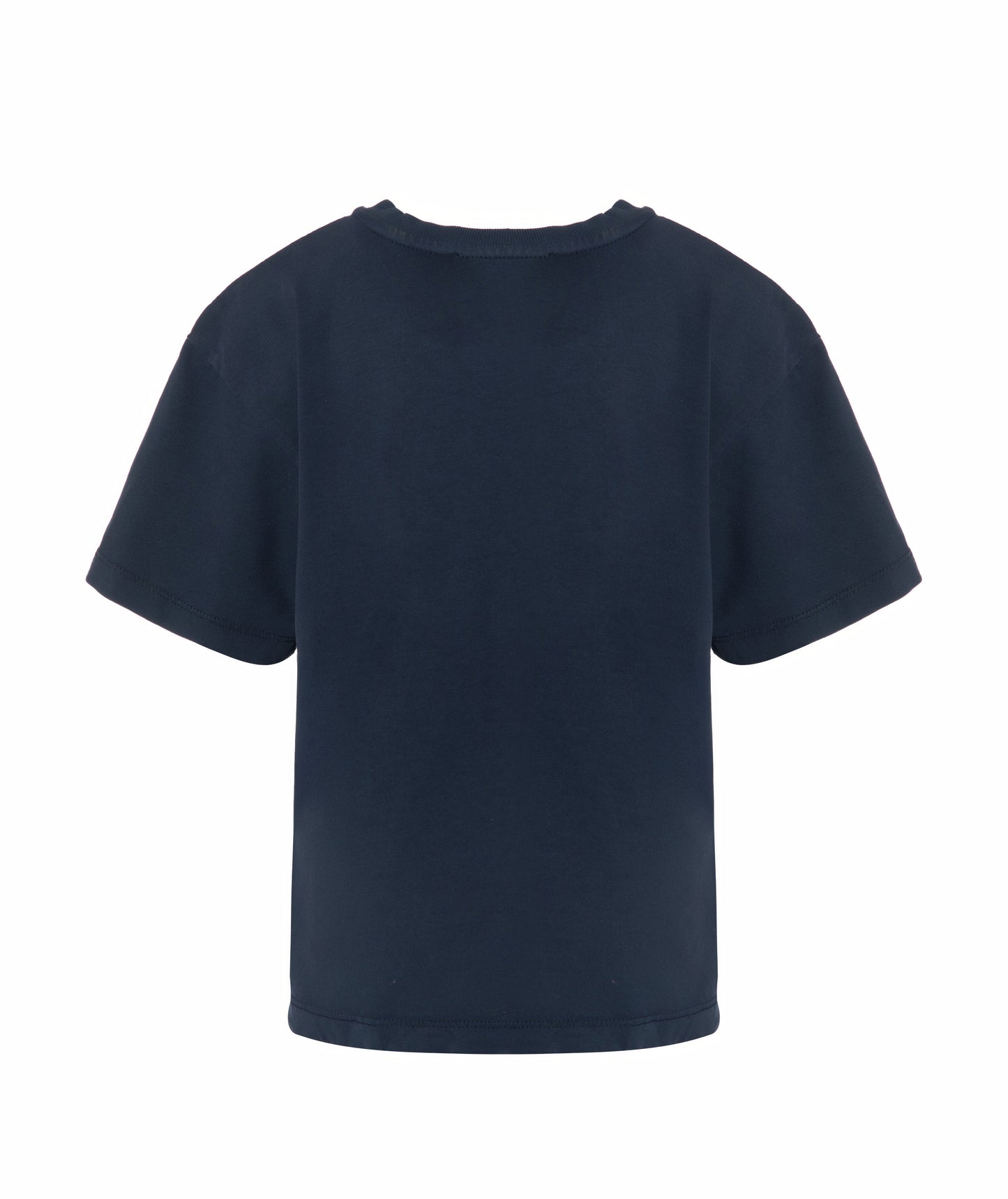 Back view of Goldencubs boys navy cotton T-shirt laid flat, highlighting simple, clean back design.