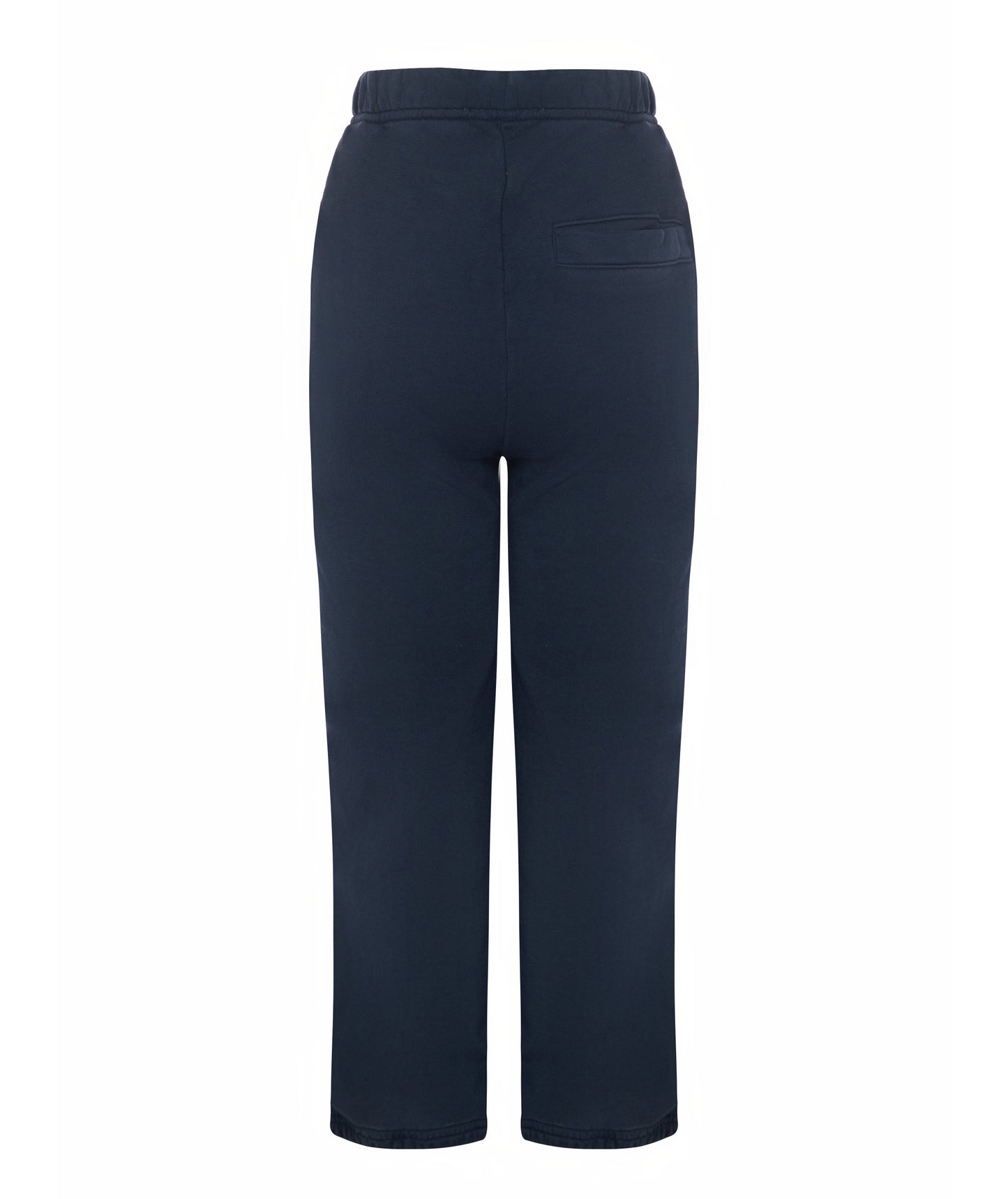 Back view of Goldencubs girls navy cotton sweatpants laid flat, showing single back pocket and ribbed waistband.