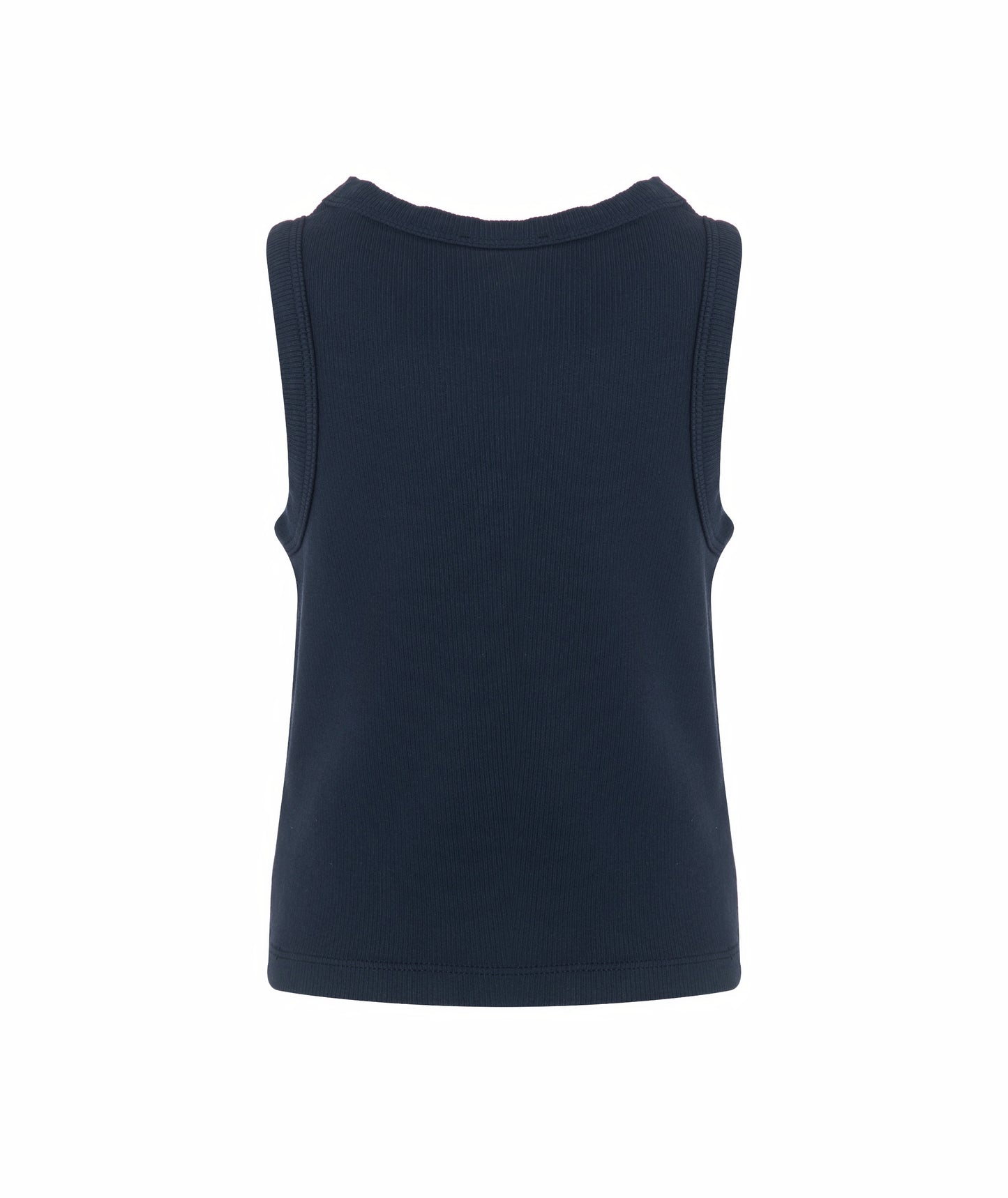 Back view of Goldencubs girls navy cotton tank top laid flat, highlighting ribbed cotton texture and smooth finish.