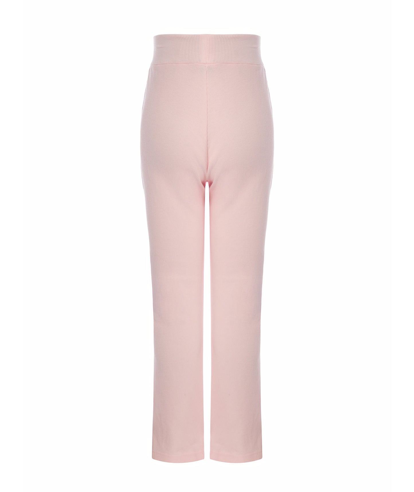 Back view of Goldencubs girls pink cotton flared pants laid flat, showing ribbed cotton texture and clean stitching.