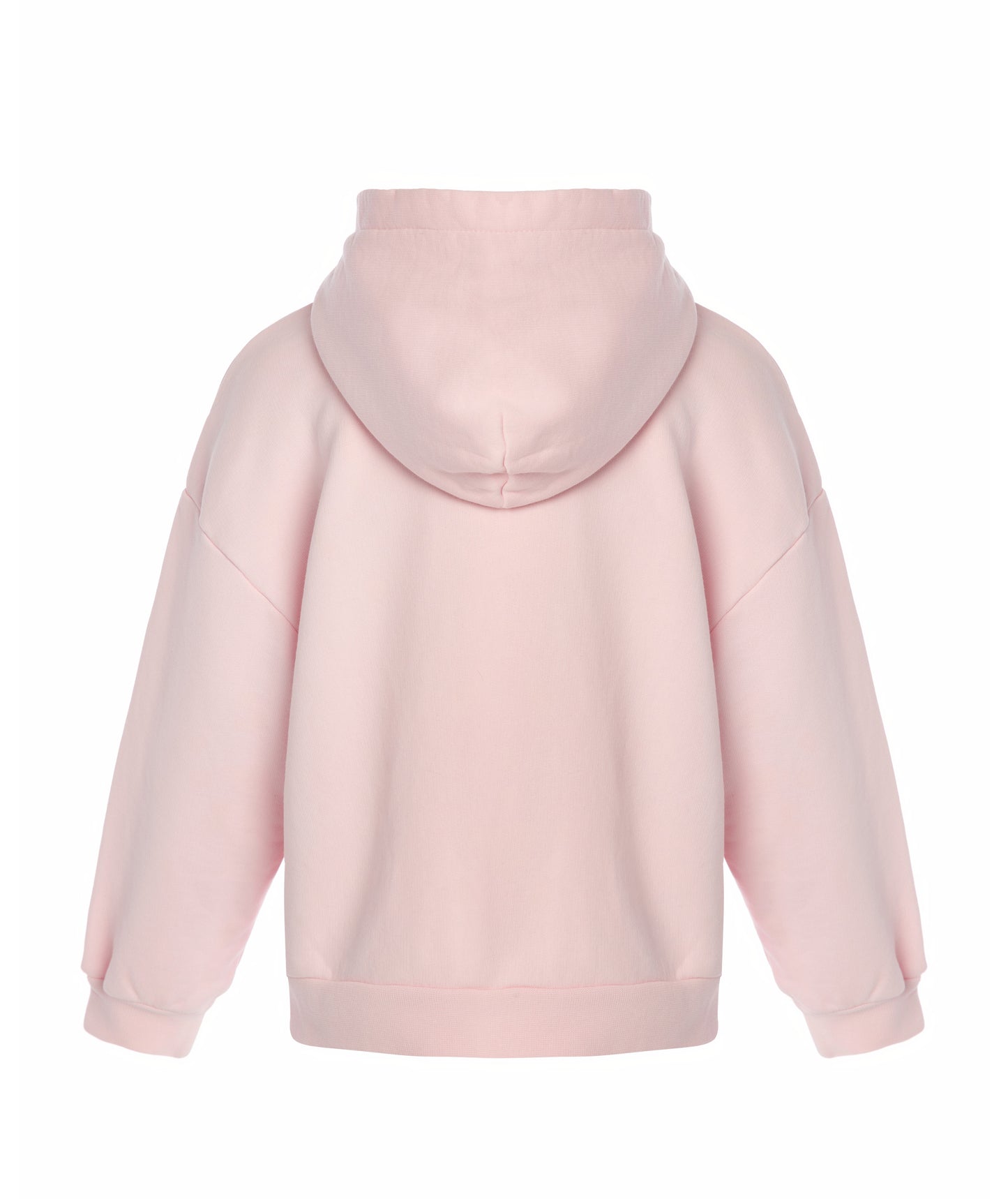 Back view of Goldencubs girls pink cotton hoodie laid flat, highlighting the hood and smooth finish.