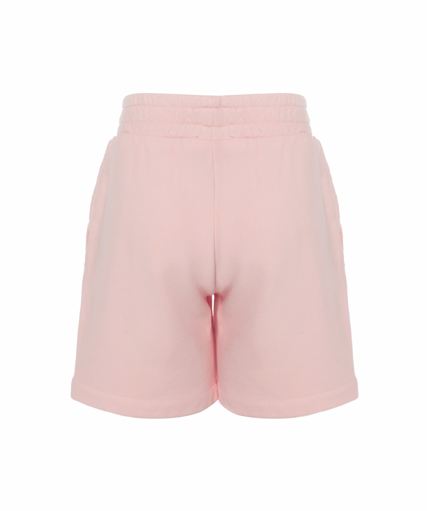 Back view of Goldencubs girls pink cotton shorts laid flat on white background, highlighting simple and smooth design.