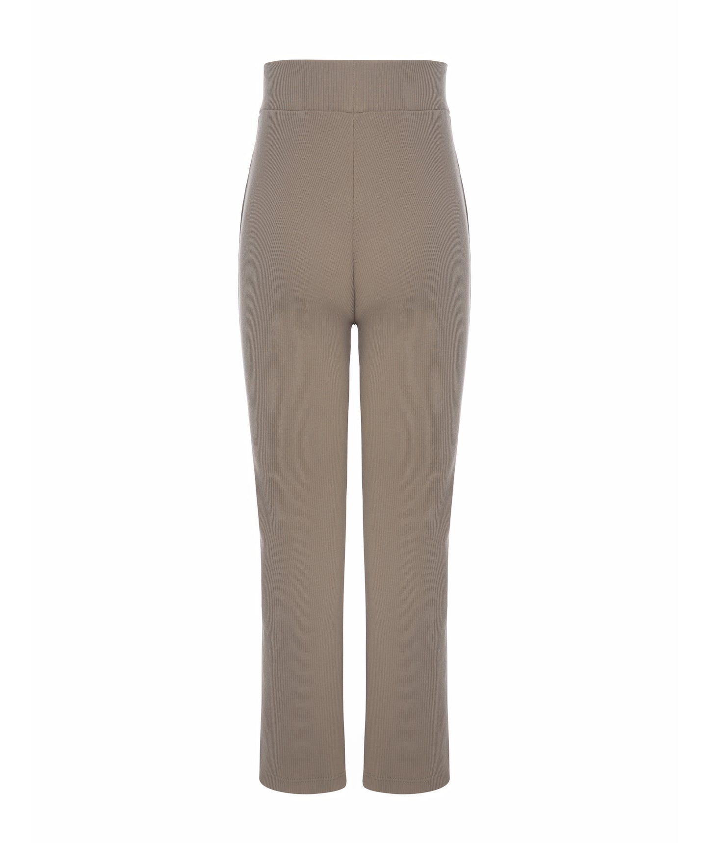 Back view of Goldencubs girls taupe cotton flared pants laid flat, showing ribbed texture and clean finish.
