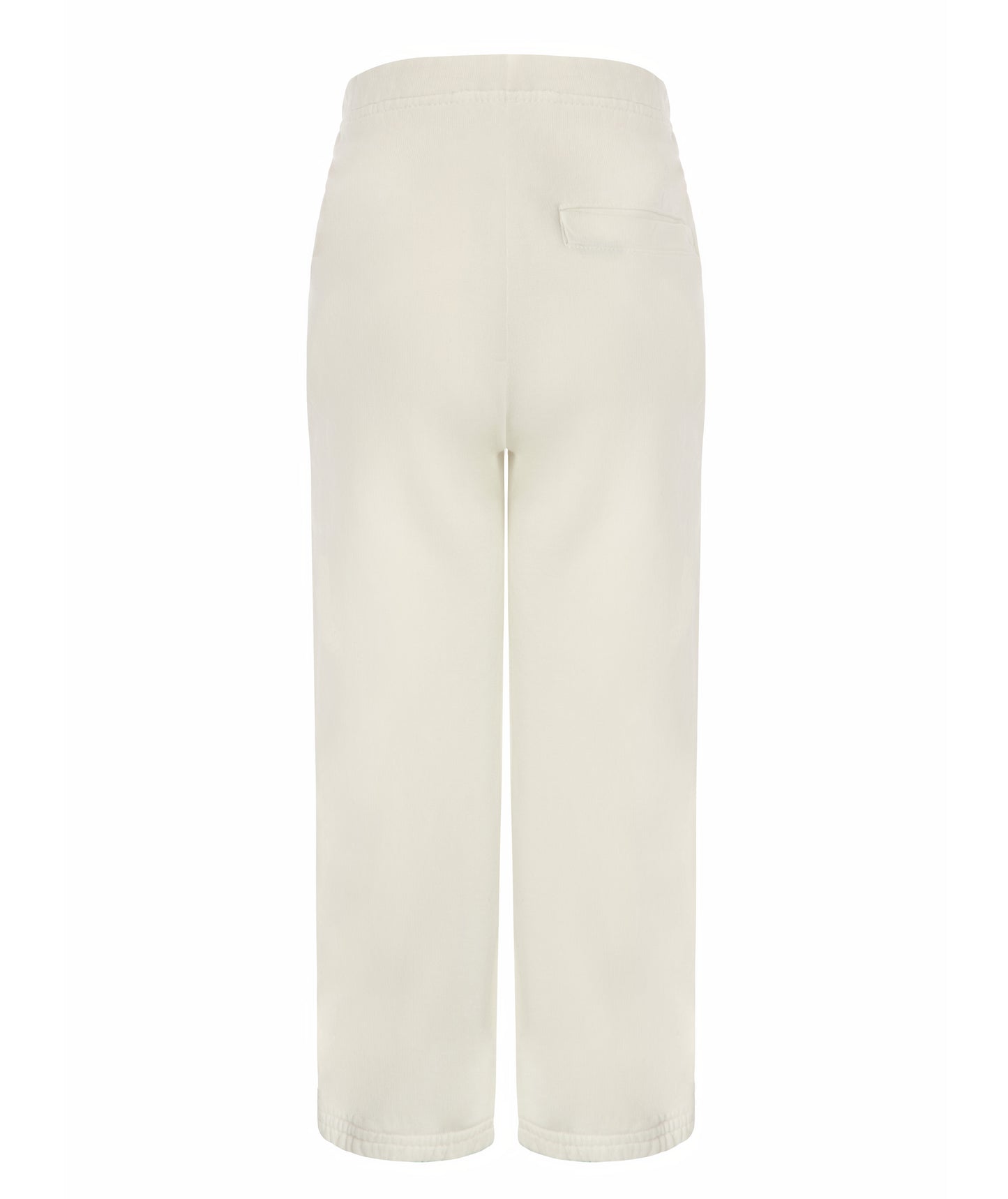 Back view of Goldencubs plain white cotton girls sweatpants with elastic waist and single back pocket — minimal, cozy, and comfortable design.