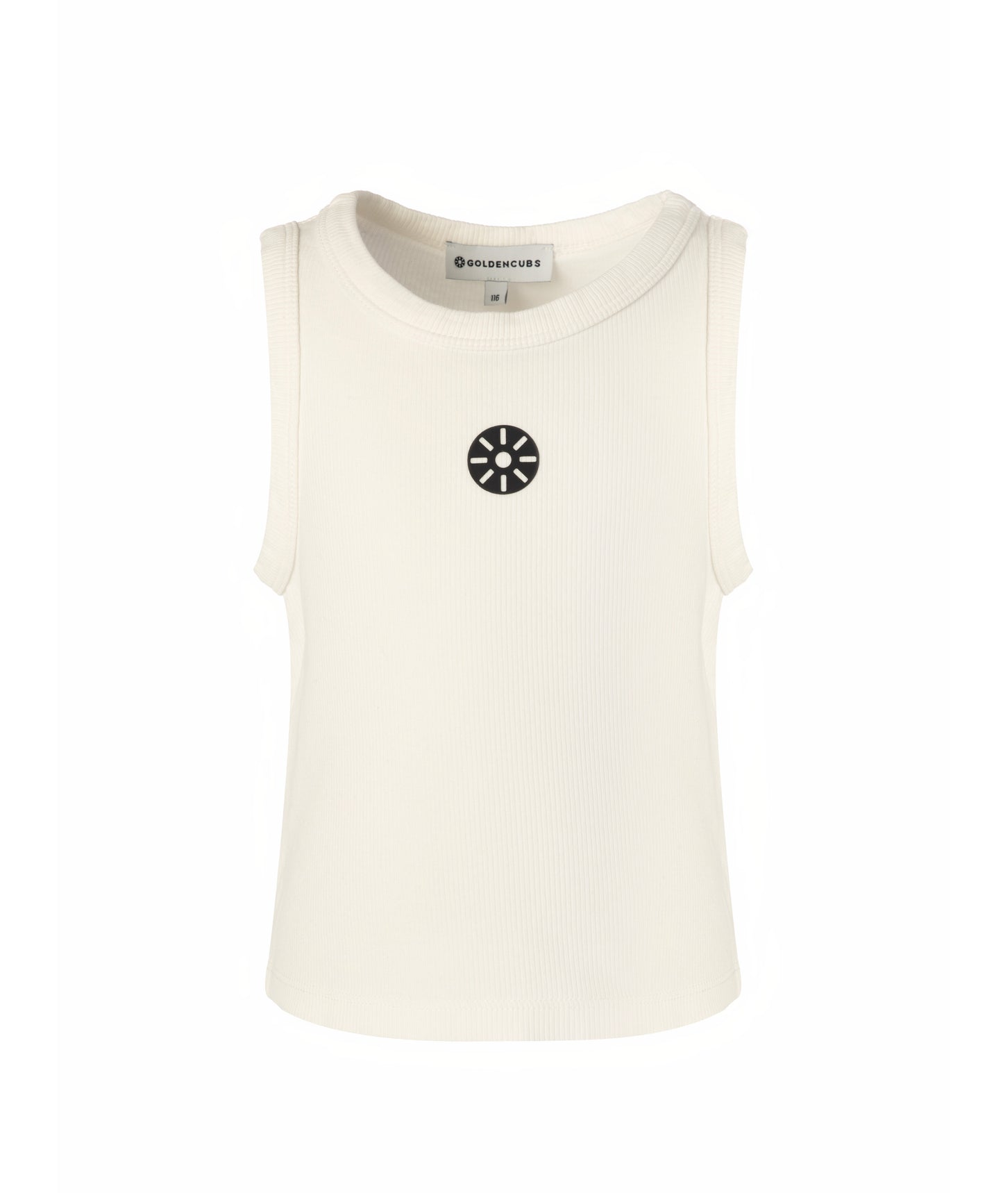Front view of Goldencubs white cotton girls tank top with ribbed texture and signature black logo patch — soft, breathable summer essential for kids.