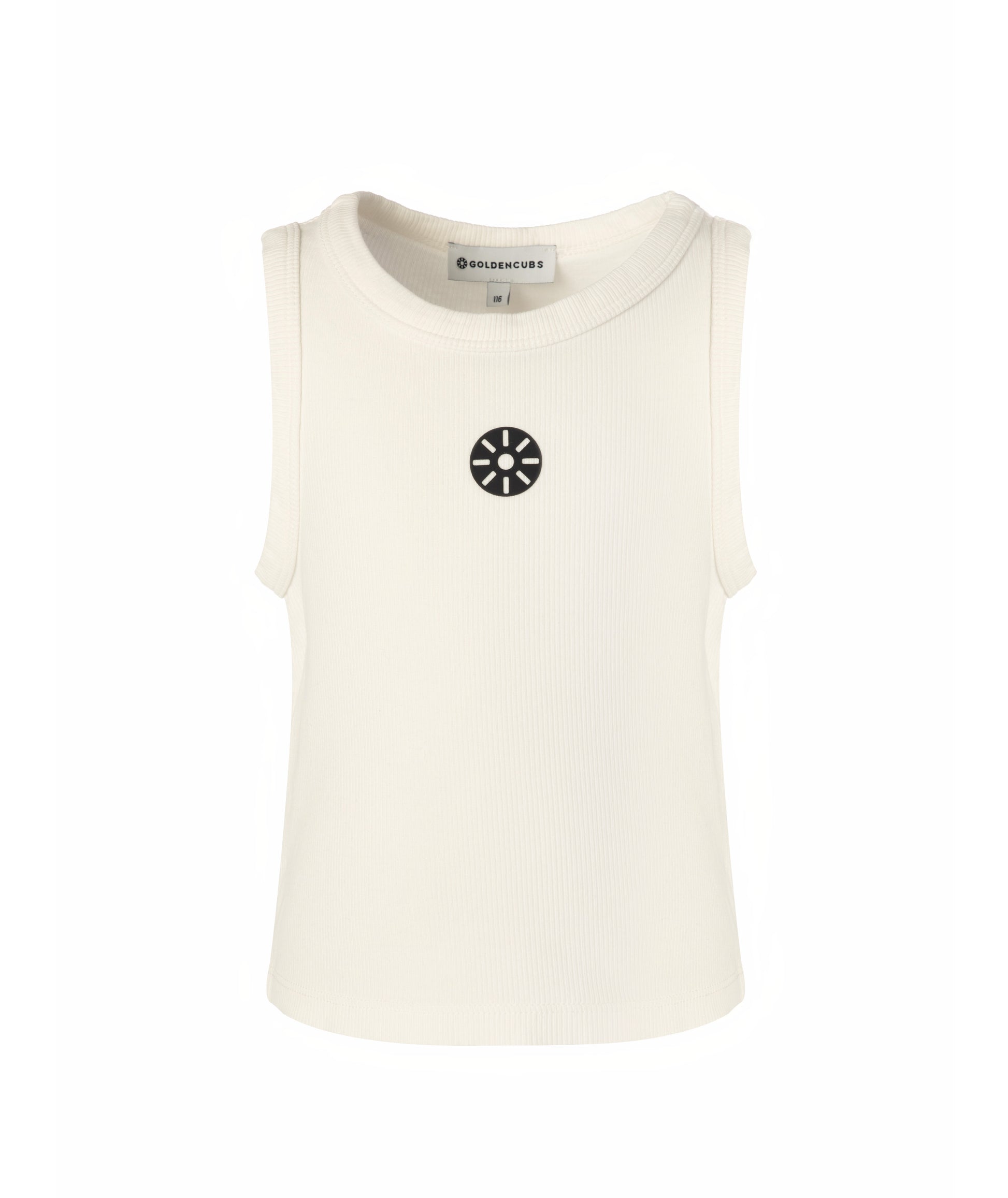 Front view of Goldencubs white cotton girls tank top with ribbed texture and signature black logo patch — soft, breathable summer essential for kids.