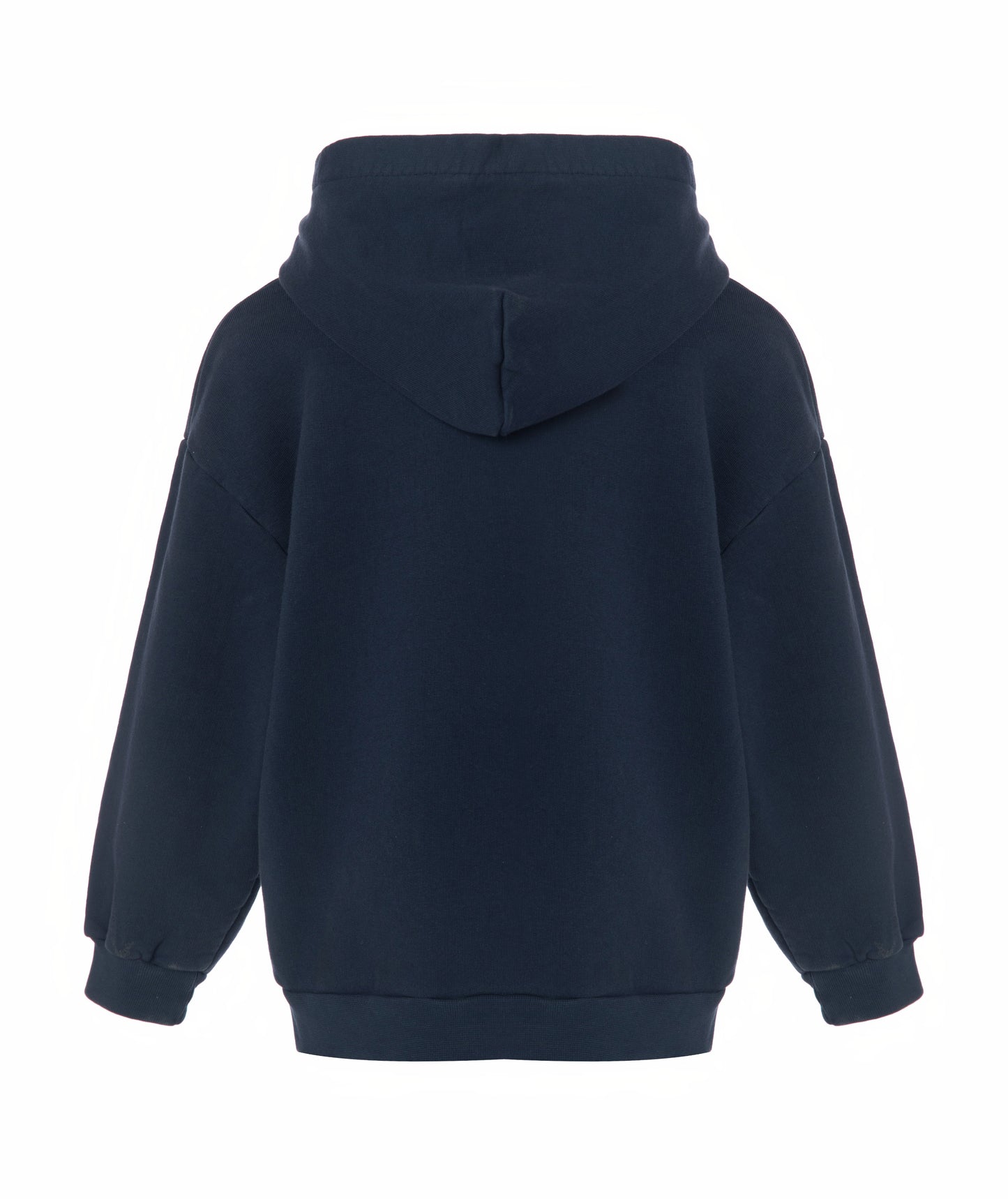 Back view of Goldencubs boys navy cotton hoodie laid flat, highlighting hood and clean design.