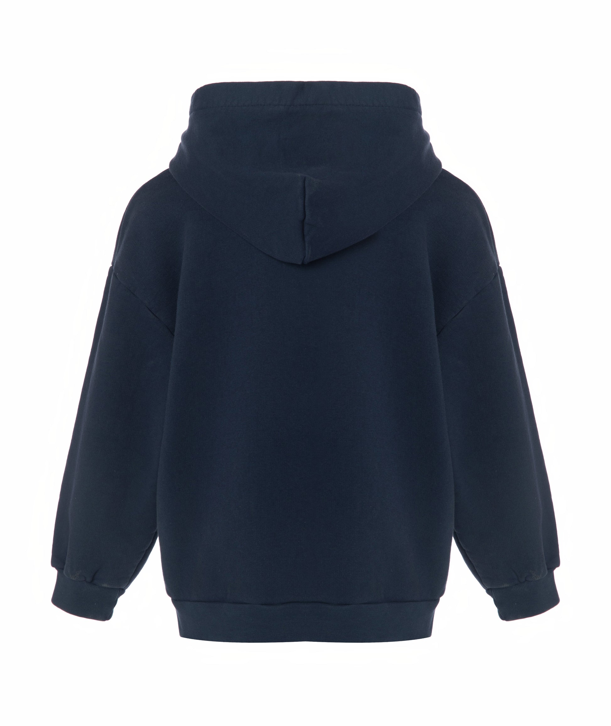 Back view of Goldencubs boys navy cotton hoodie laid flat, highlighting hood and clean design.