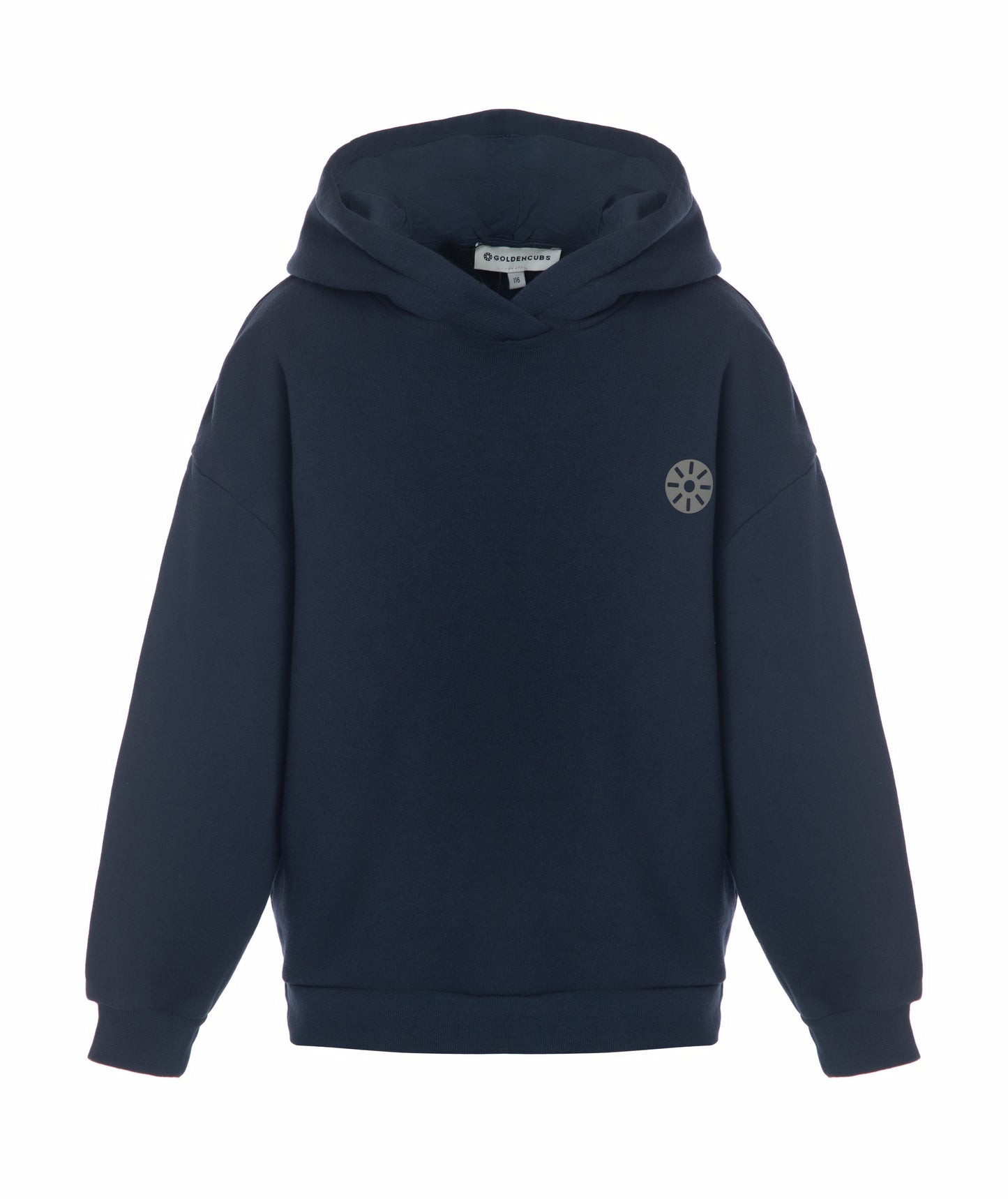 Front view of Goldencubs boys navy cotton hoodie laid flat on white background, featuring minimalist design and logo detail.