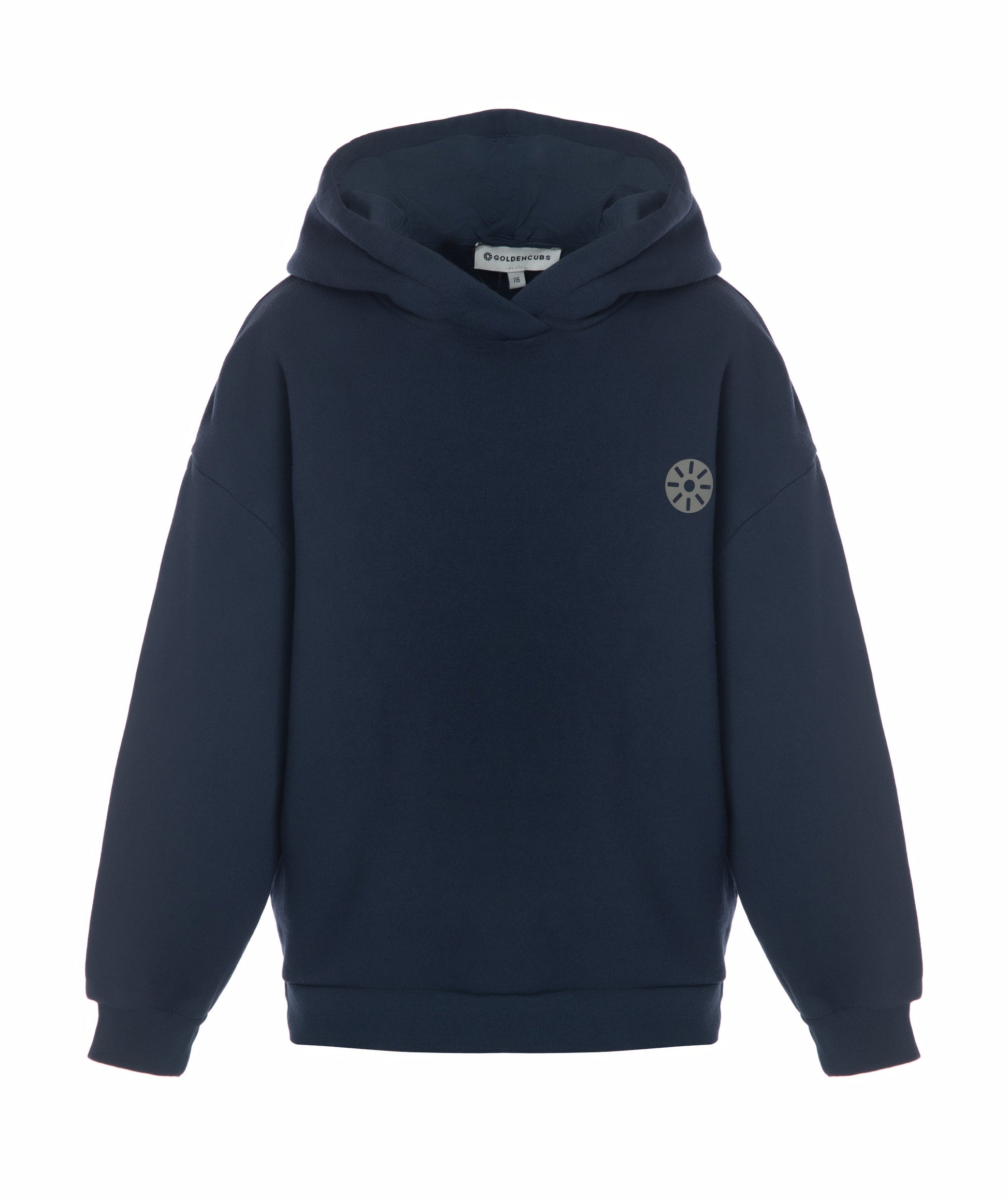 Front view of Goldencubs boys navy cotton hoodie laid flat on white background, featuring minimalist design and logo detail.