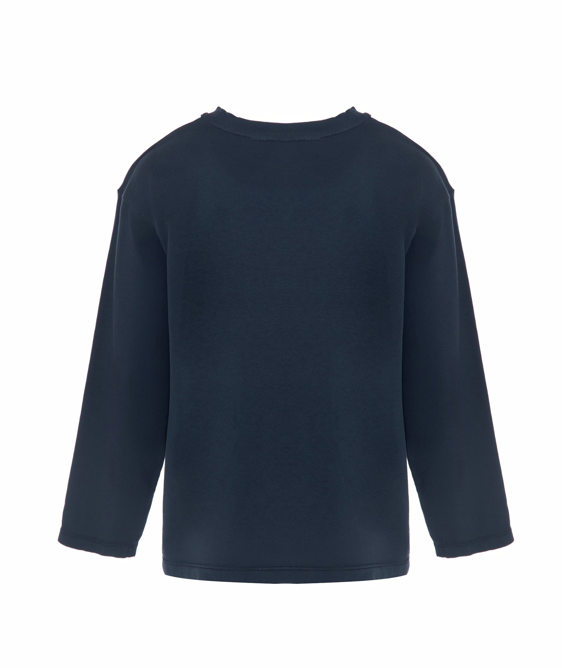 Back view of Goldencubs boys navy cotton long sleeve T-shirt laid flat, showing clean simple design and smooth texture.