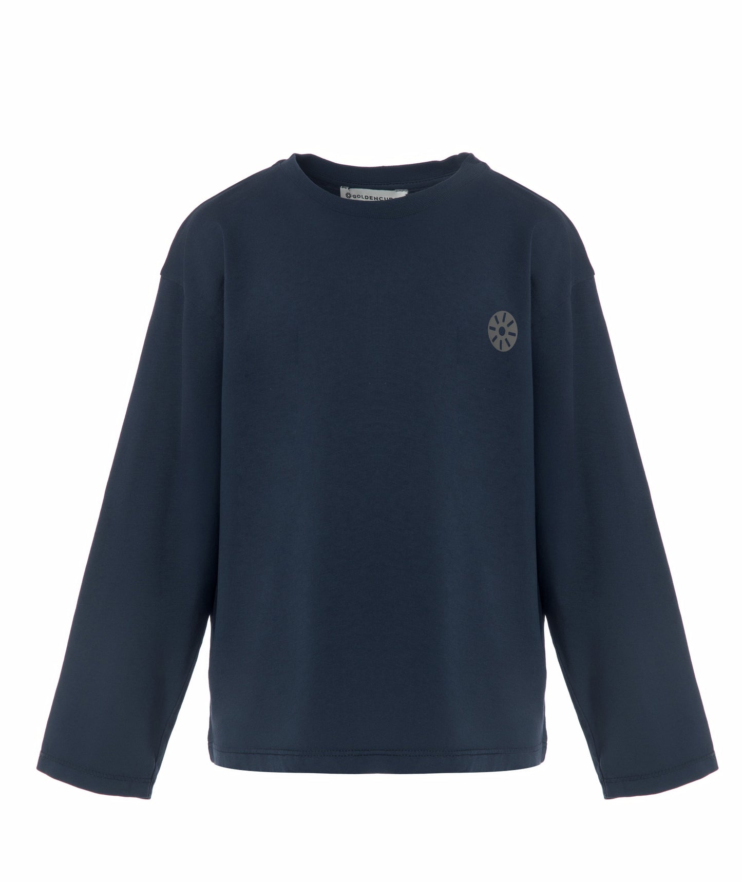 Front view of Goldencubs boys navy cotton long sleeve T-shirt laid flat on white background, showing crew neck and minimalist logo.