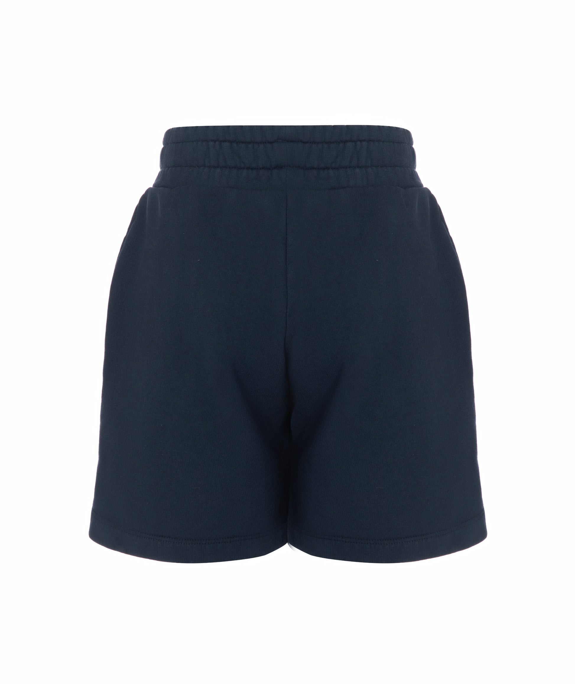 Back view of Goldencubs boys navy cotton shorts laid flat, showing clean stitching and minimal design.