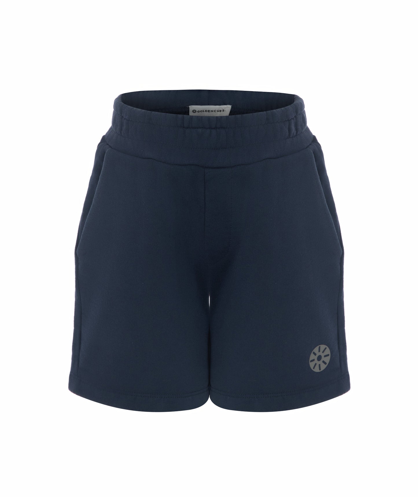 Front view of Goldencubs boys navy cotton shorts laid flat on white background, featuring logo and pocket seams.