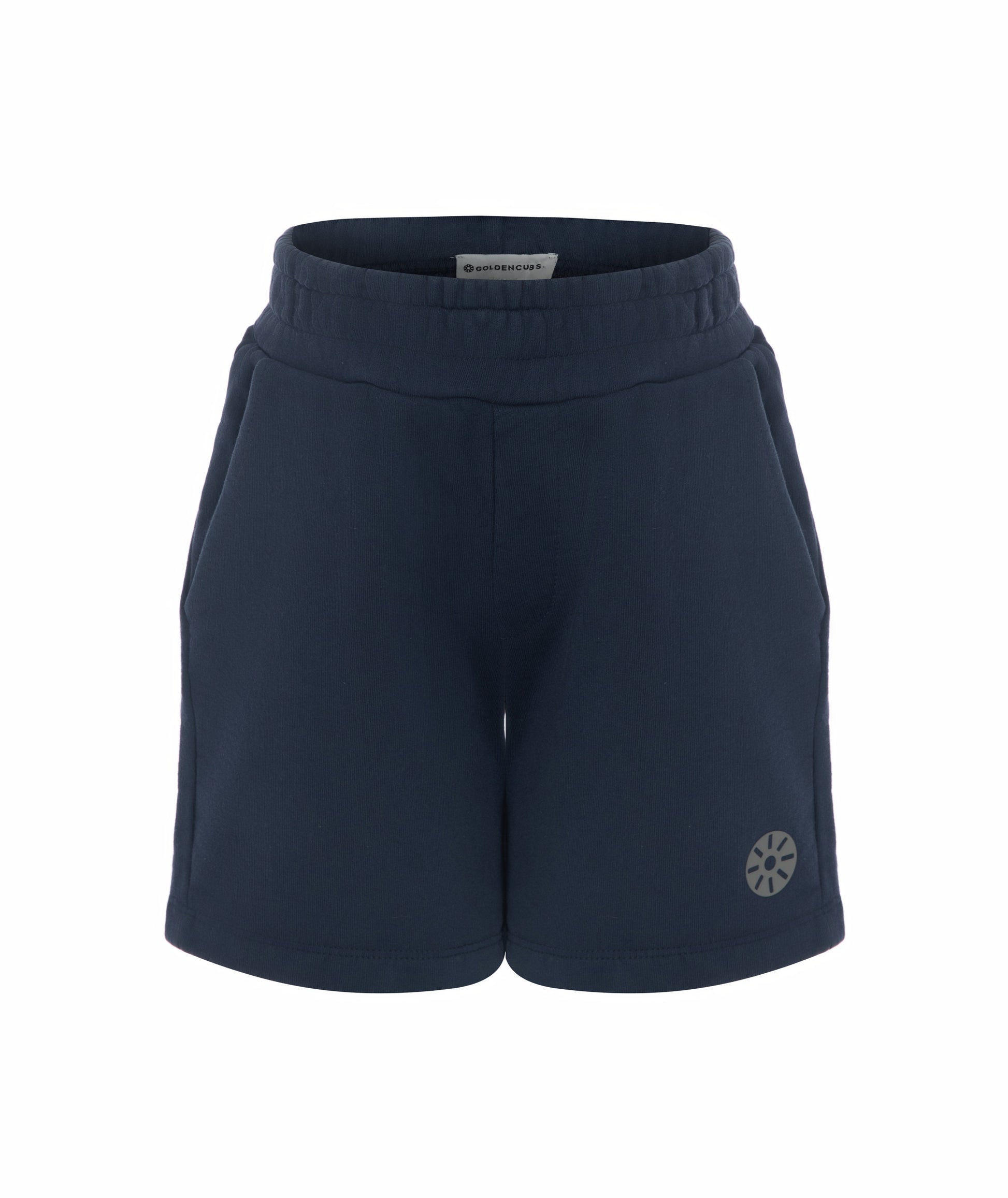 Front view of Goldencubs boys navy cotton shorts laid flat on white background, featuring logo and pocket seams.
