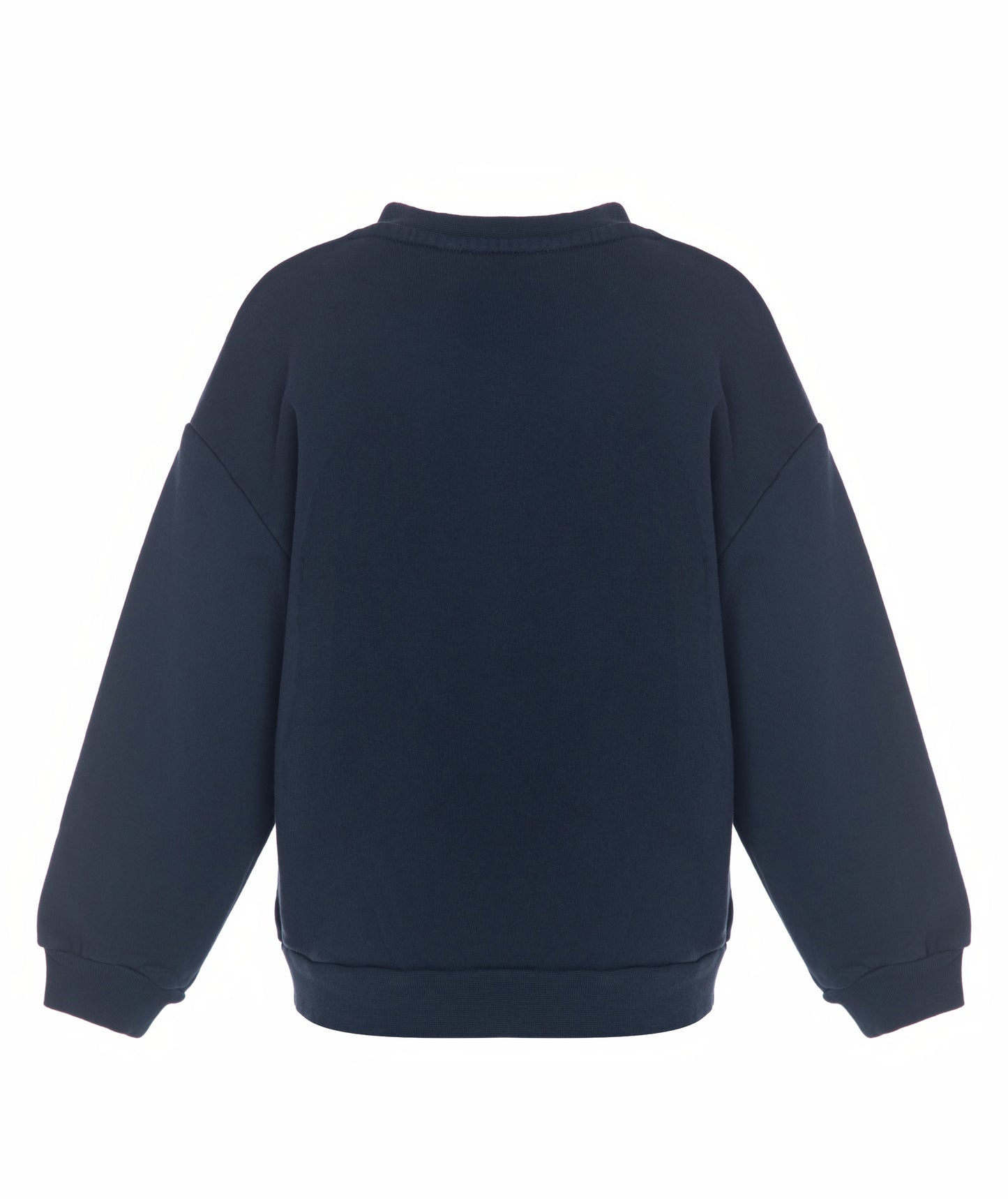 Back view of Goldencubs boys navy cotton sweatshirt laid flat, highlighting clean seams and ribbed cuffs.