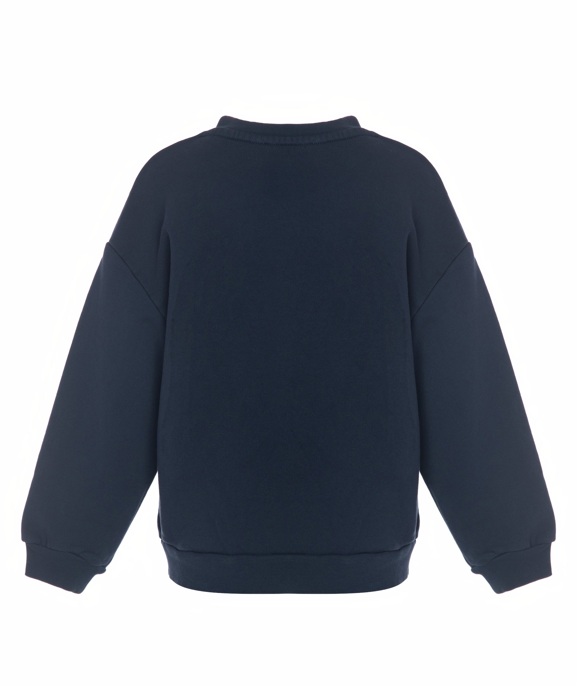 Back view of Goldencubs boys navy cotton sweatshirt laid flat, highlighting clean seams and ribbed cuffs.