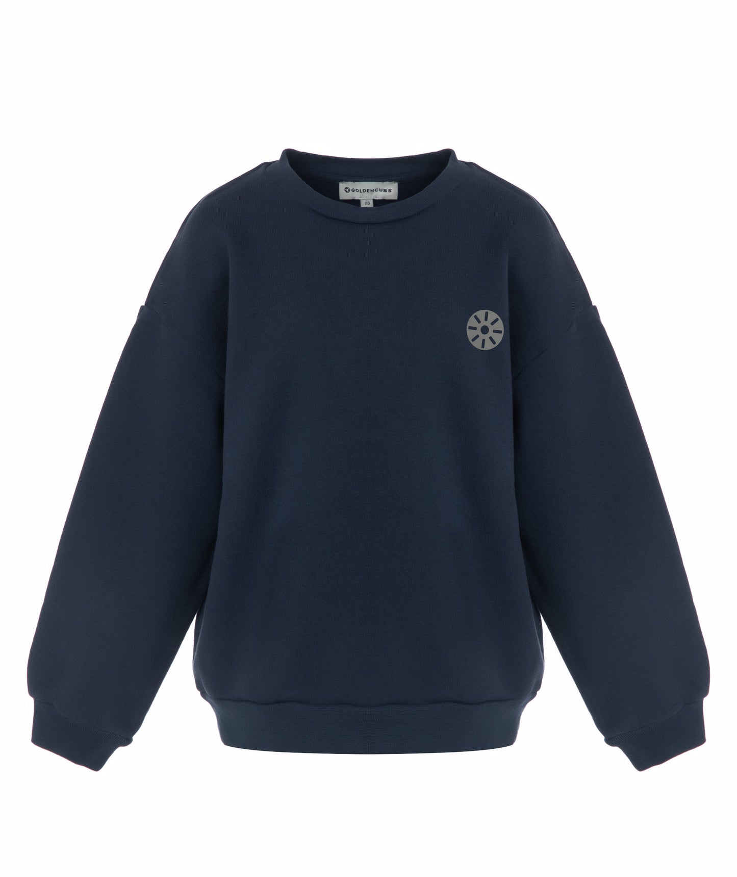 Front view of Goldencubs boys navy cotton sweatshirt laid flat on white background, showing round neckline and minimalist design.