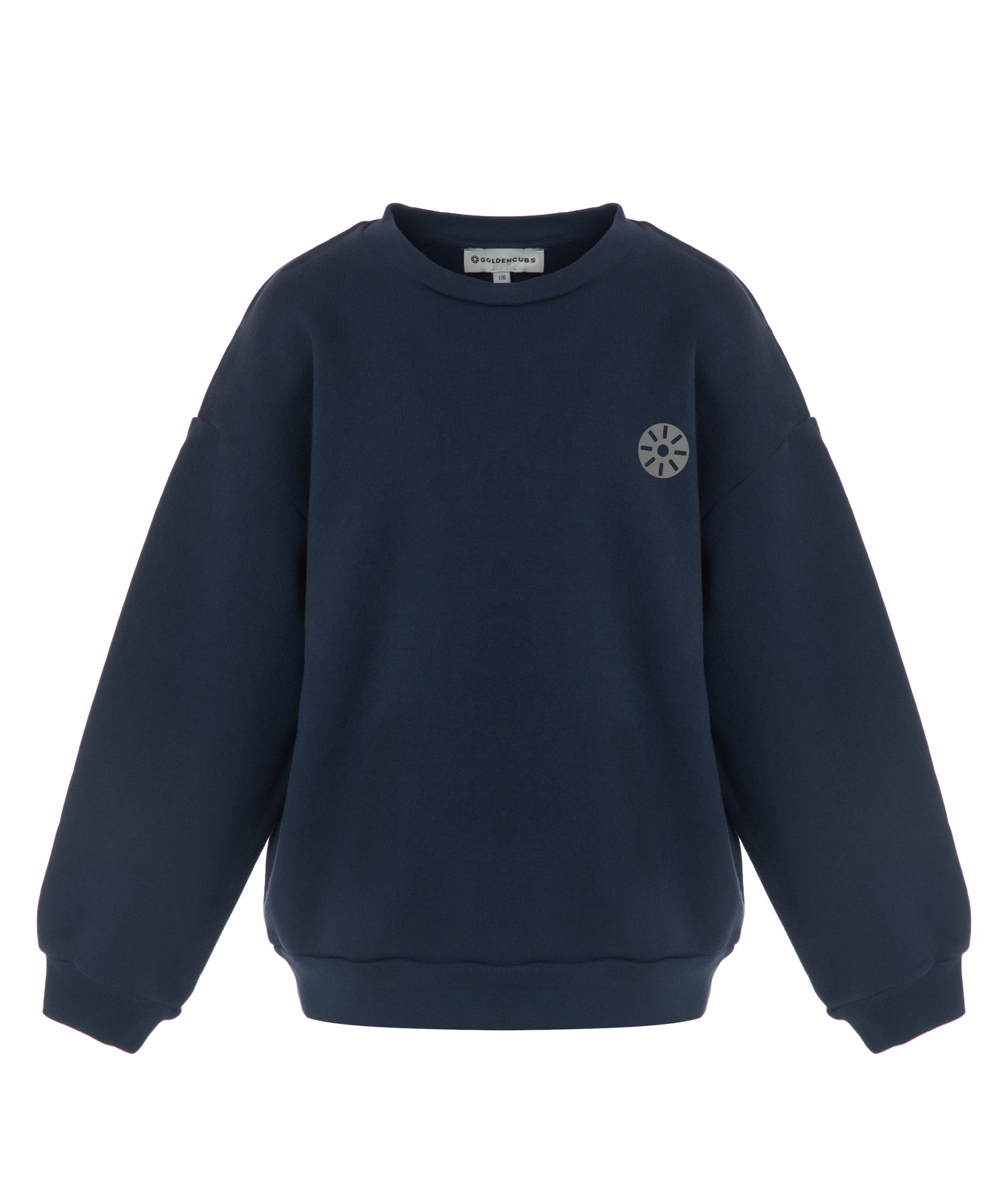Front view of Goldencubs boys navy cotton sweatshirt laid flat on white background, showing round neckline and minimalist design.