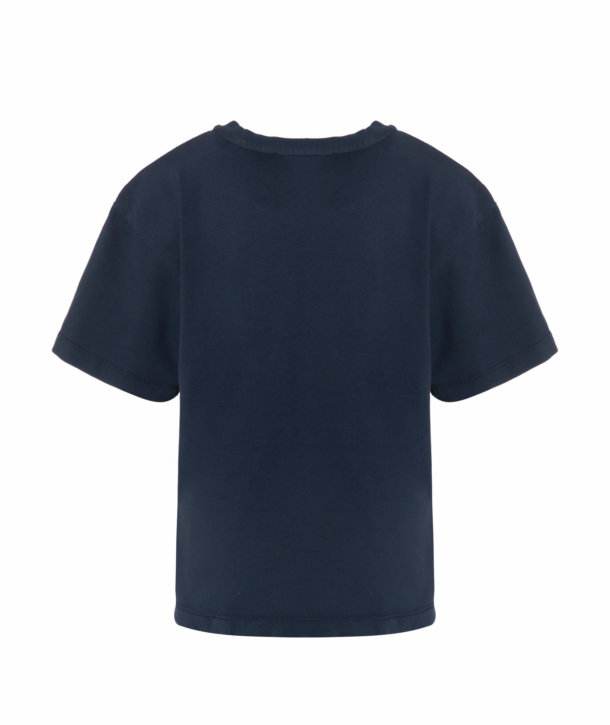 Back view of Goldencubs boys navy cotton T-shirt laid flat, highlighting simple, clean back design.