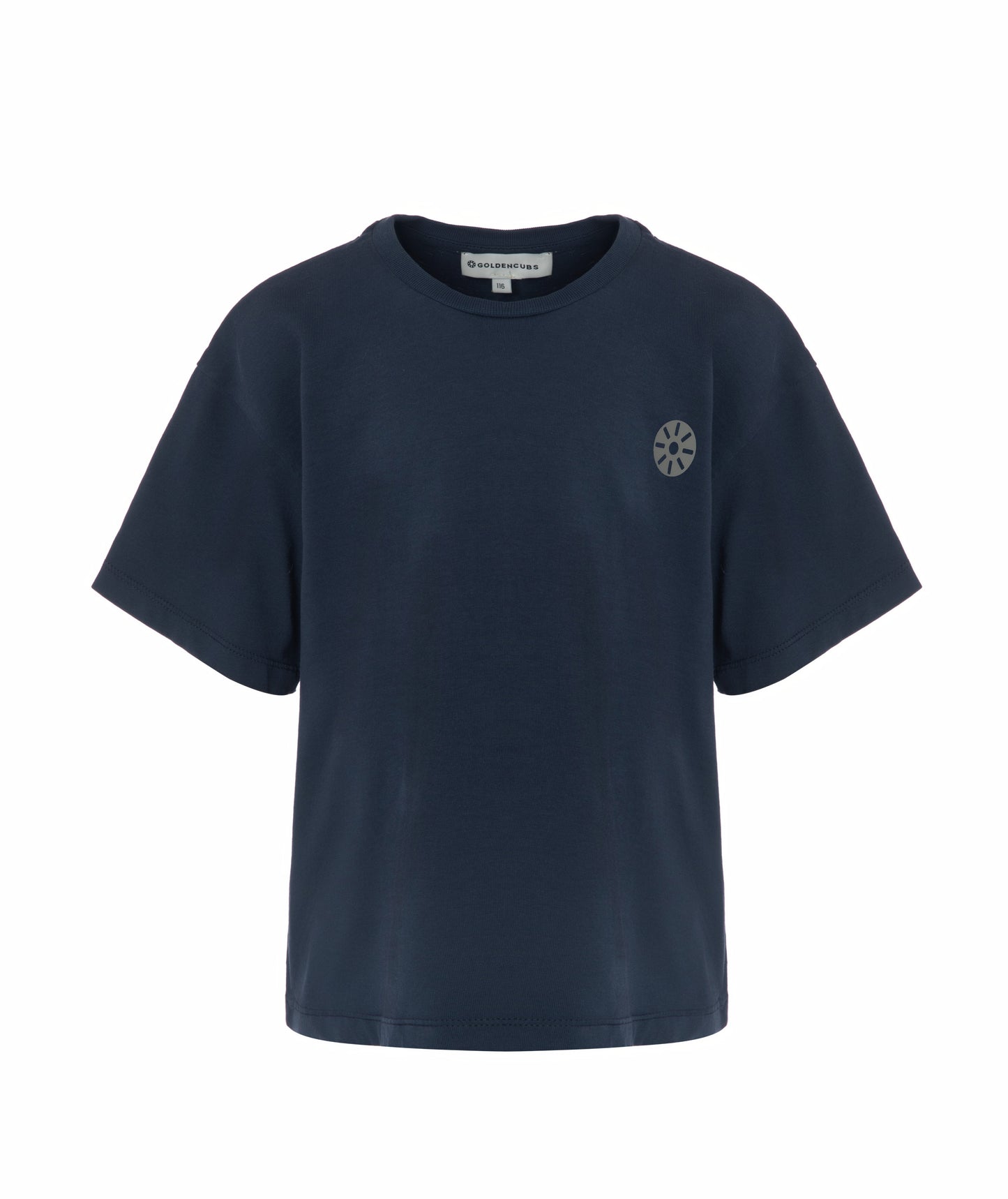 Front view of Goldencubs boys navy cotton T-shirt laid flat on white background, showcasing minimalist design.