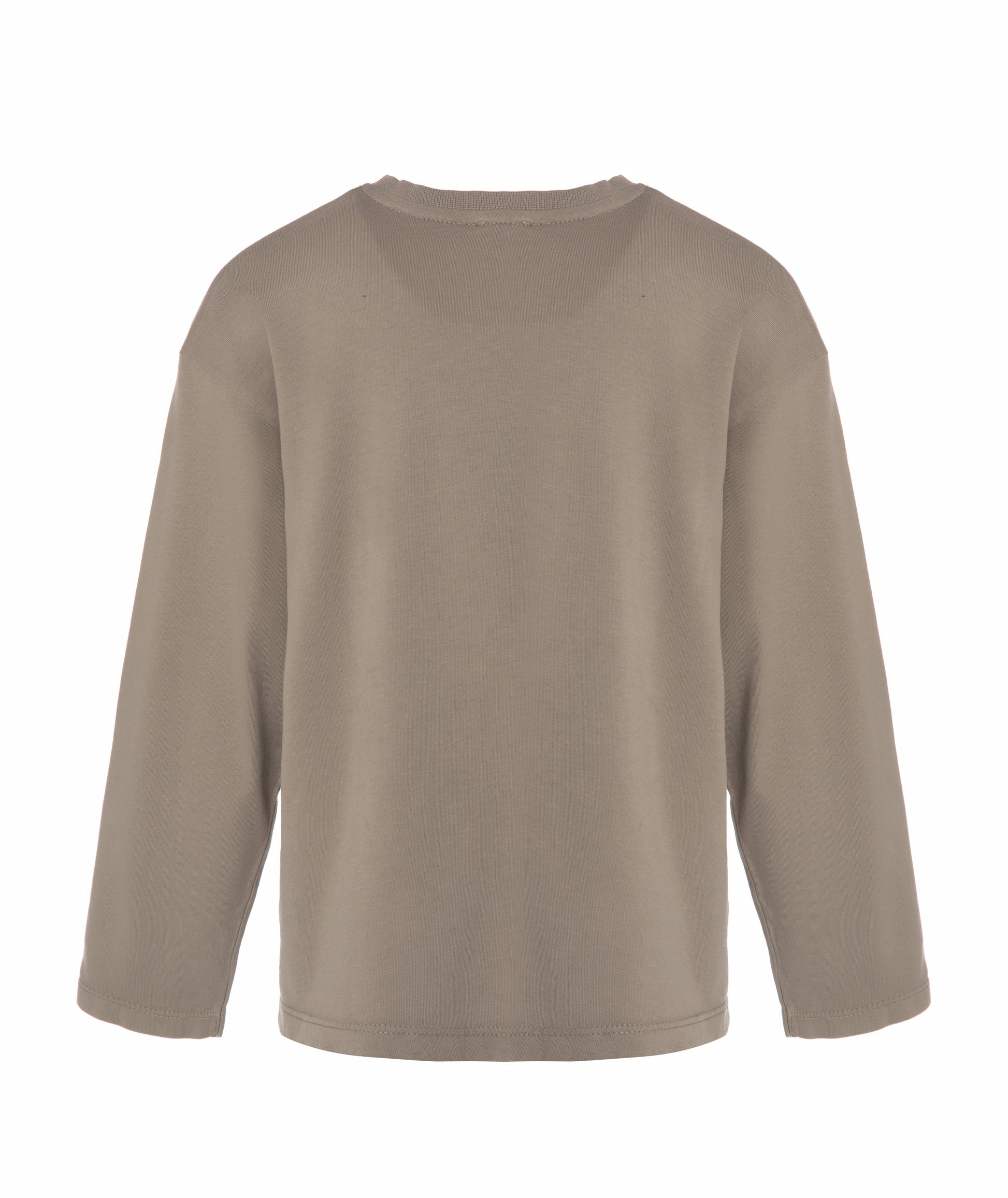Back view of Goldencubs boys taupe cotton long sleeve T-shirt laid flat, showing clean and simple design.