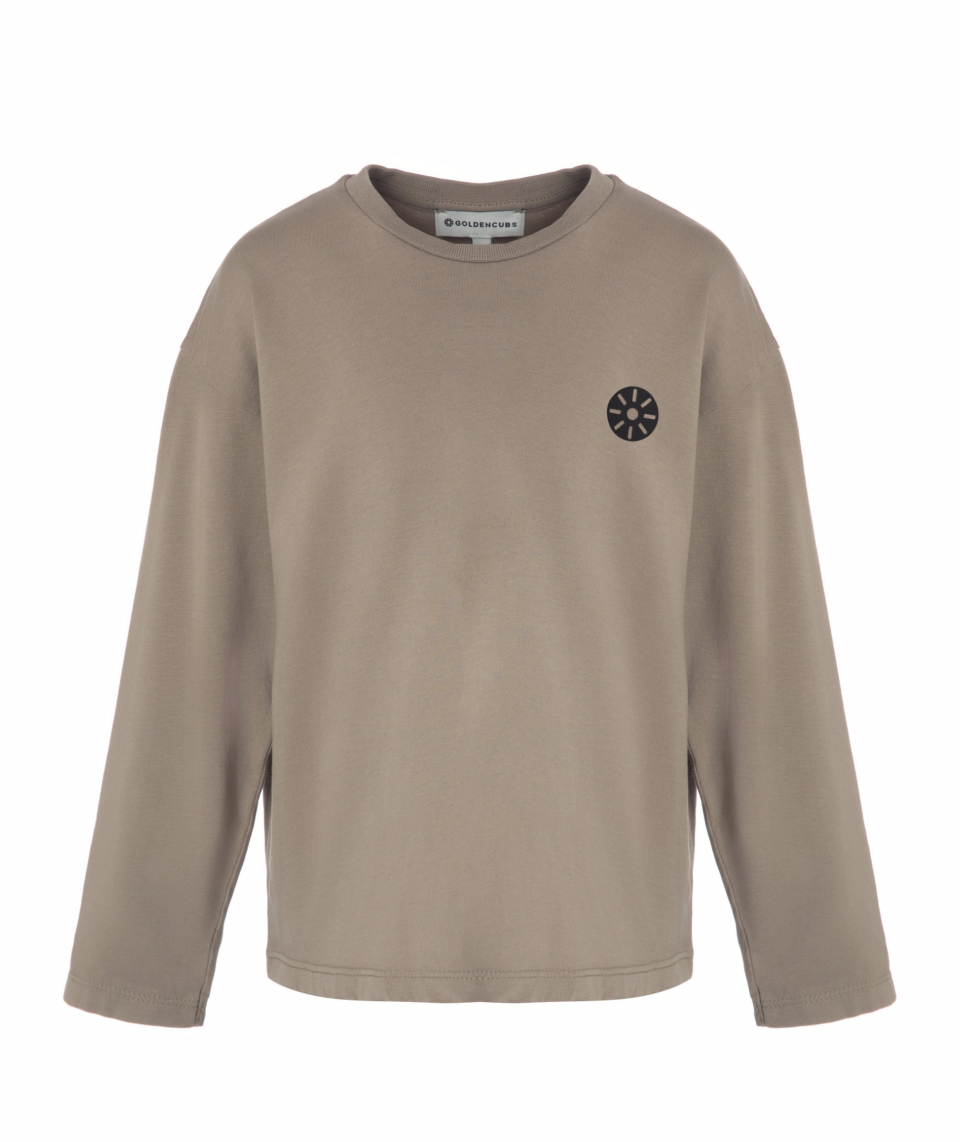 Front view of Goldencubs boys taupe cotton long sleeve T-shirt laid flat on white background, featuring classic crew neck and logo detail.