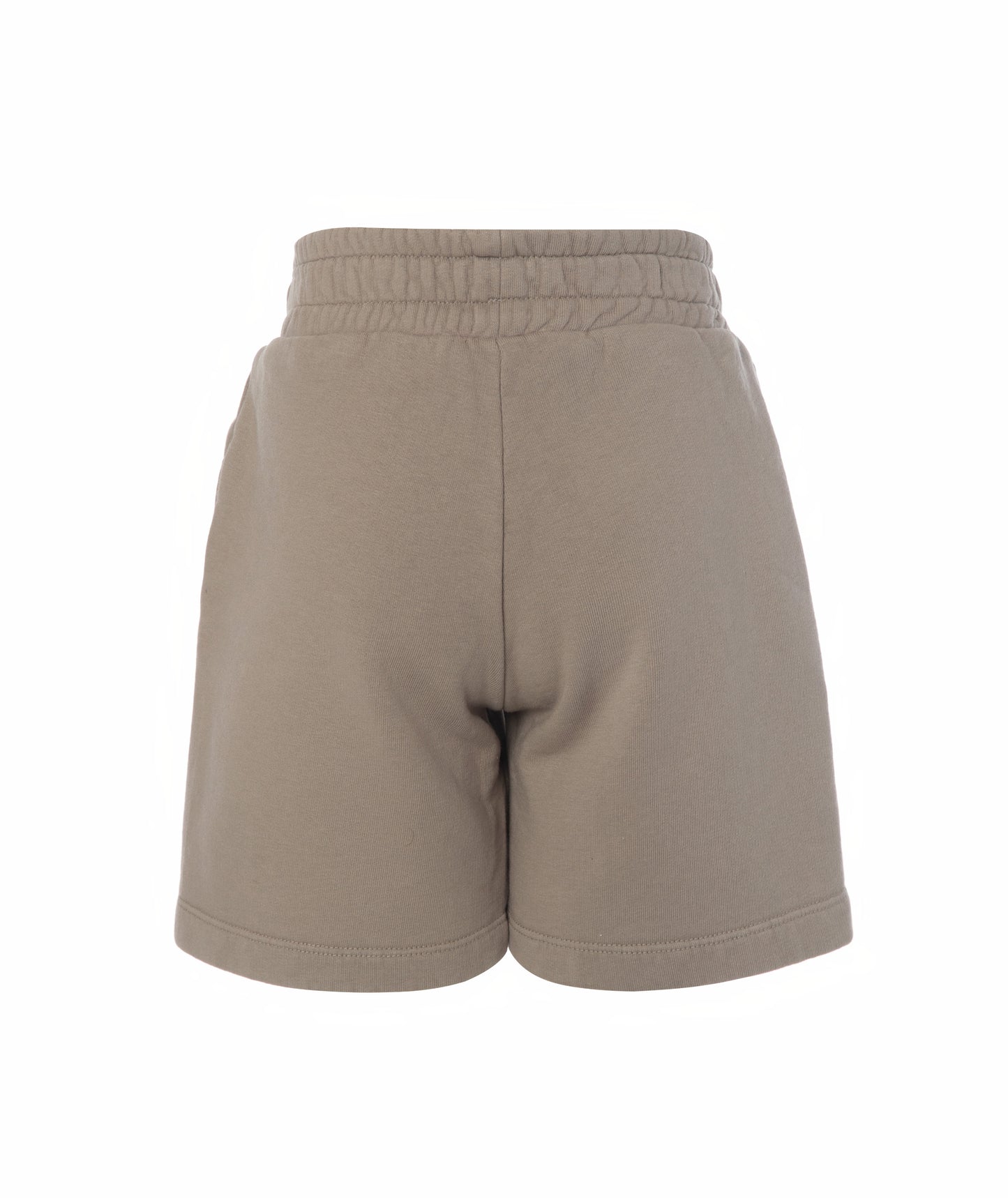 Back view of Goldencubs boys taupe cotton shorts laid flat, showing smooth back finish and soft cotton texture.