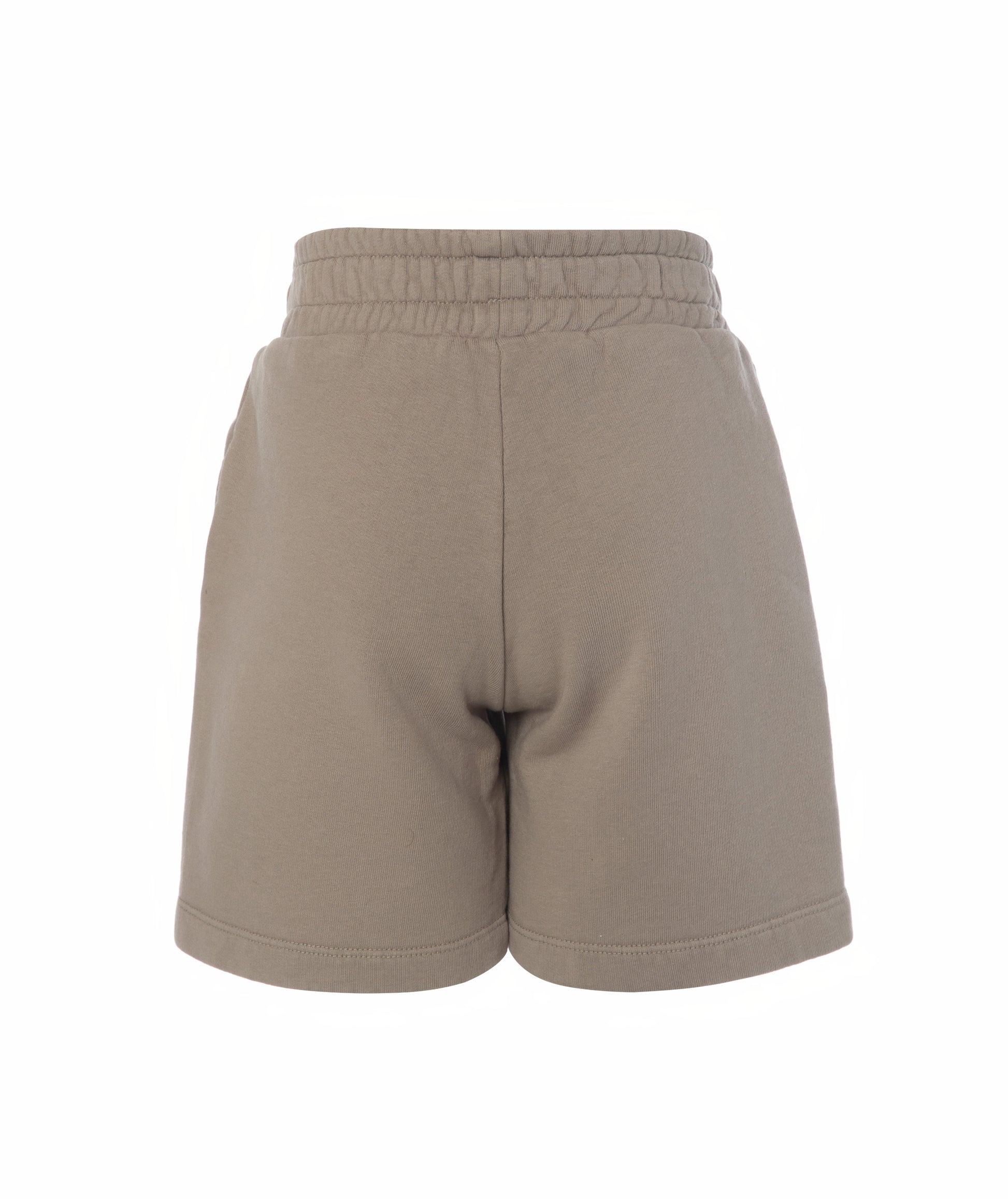 Back view of Goldencubs boys taupe cotton shorts laid flat, showing smooth back finish and soft cotton texture.