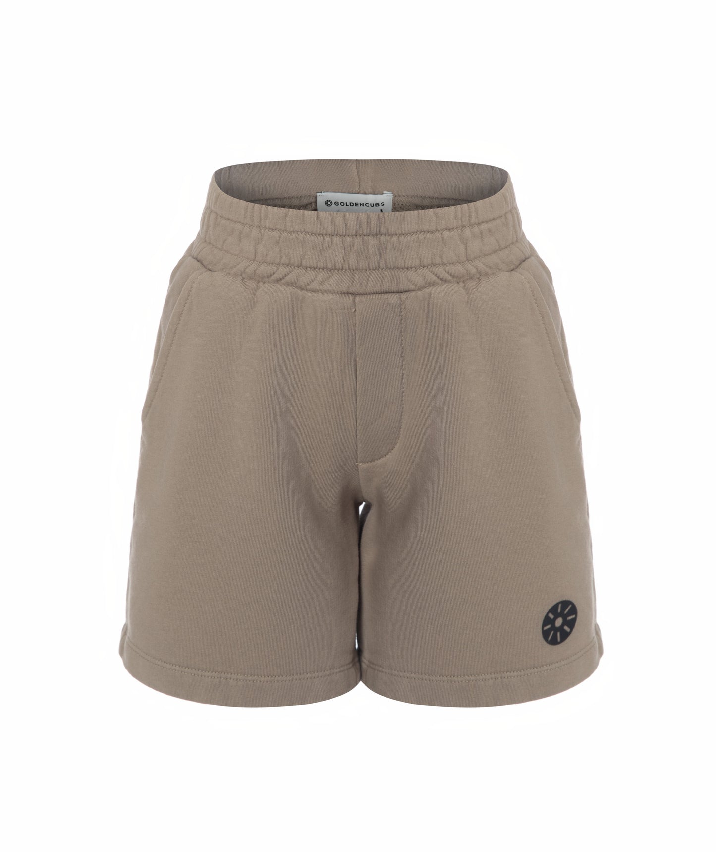 Front view of Goldencubs boys taupe cotton shorts laid flat on white background, featuring elastic waistband and clean design.