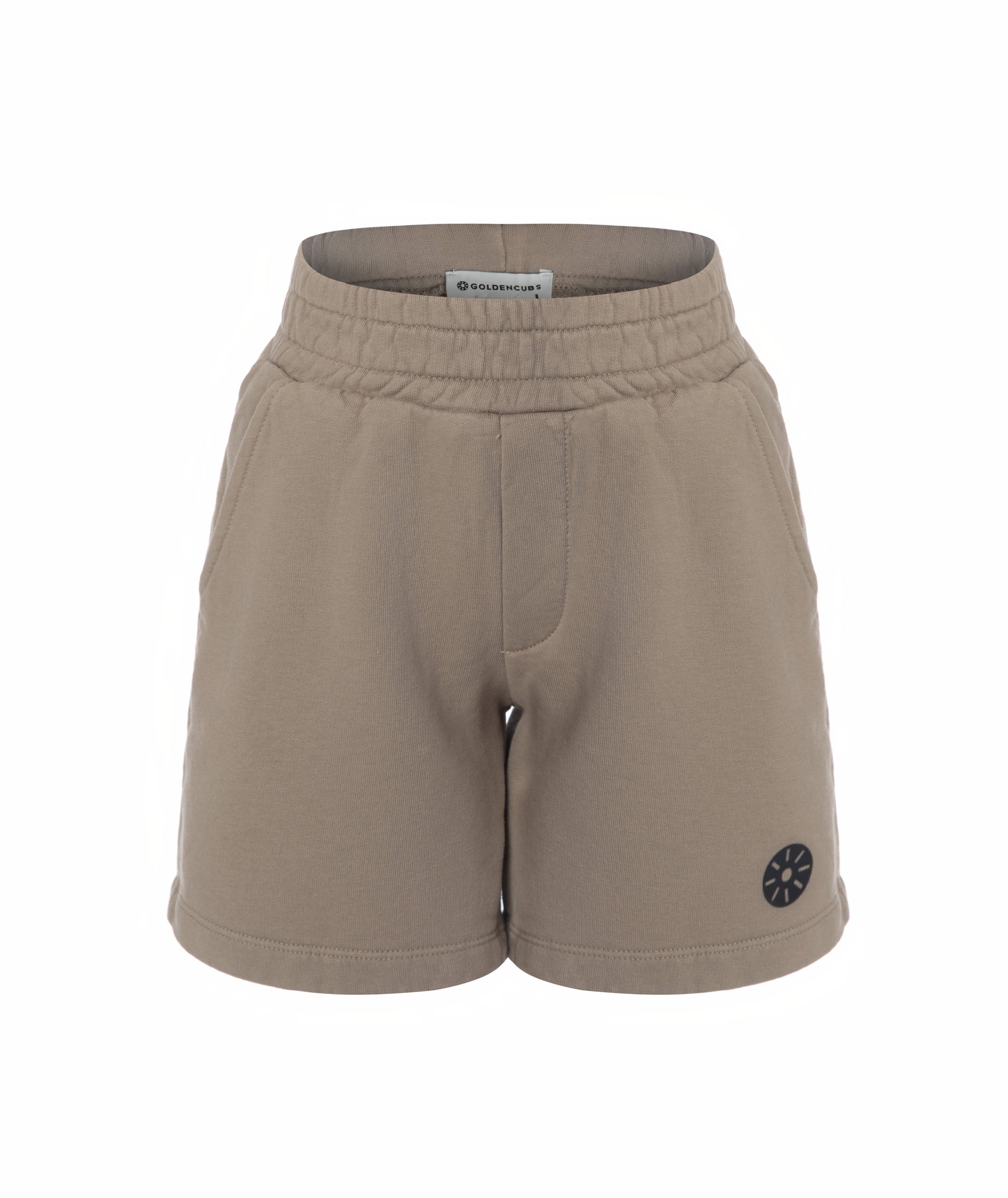 Front view of Goldencubs boys taupe cotton shorts laid flat on white background, featuring elastic waistband and clean design.