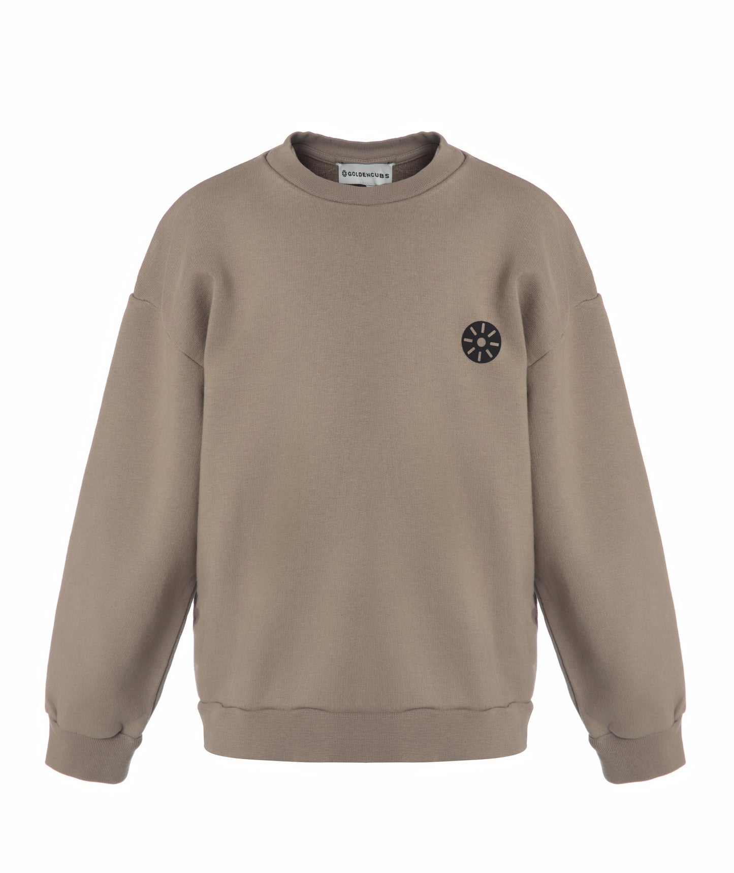 Front view of Goldencubs boys taupe cotton sweatshirt laid flat on white background, highlighting round neckline and logo patch.