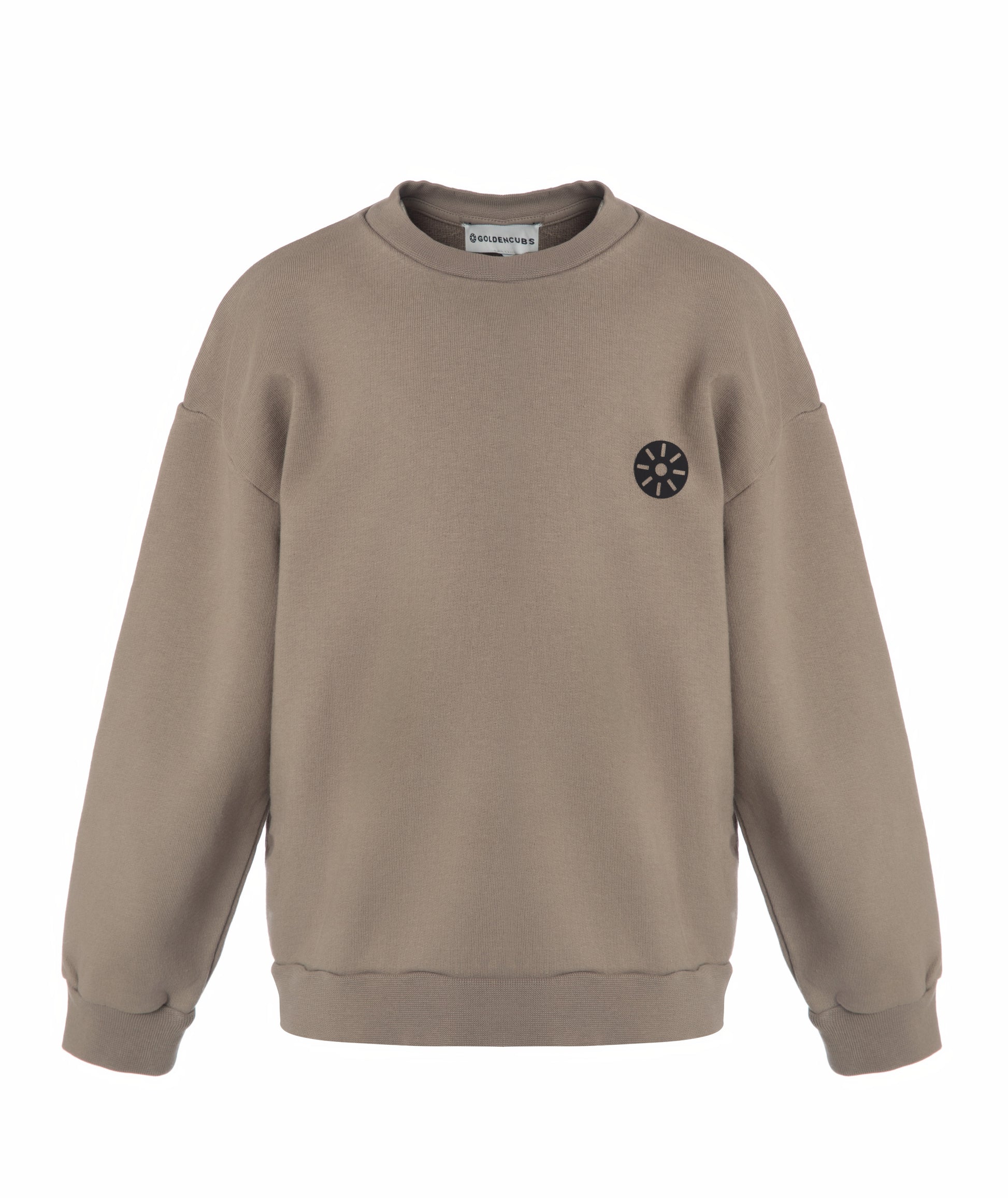 Front view of Goldencubs boys taupe cotton sweatshirt laid flat on white background, highlighting round neckline and logo patch.