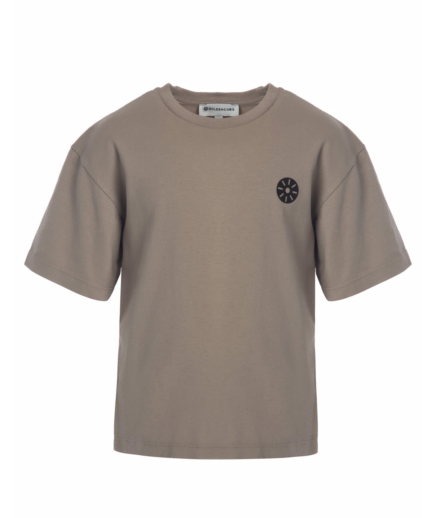 Front view of Goldencubs boys taupe cotton T-shirt laid flat, showcasing minimalist cropped design.
