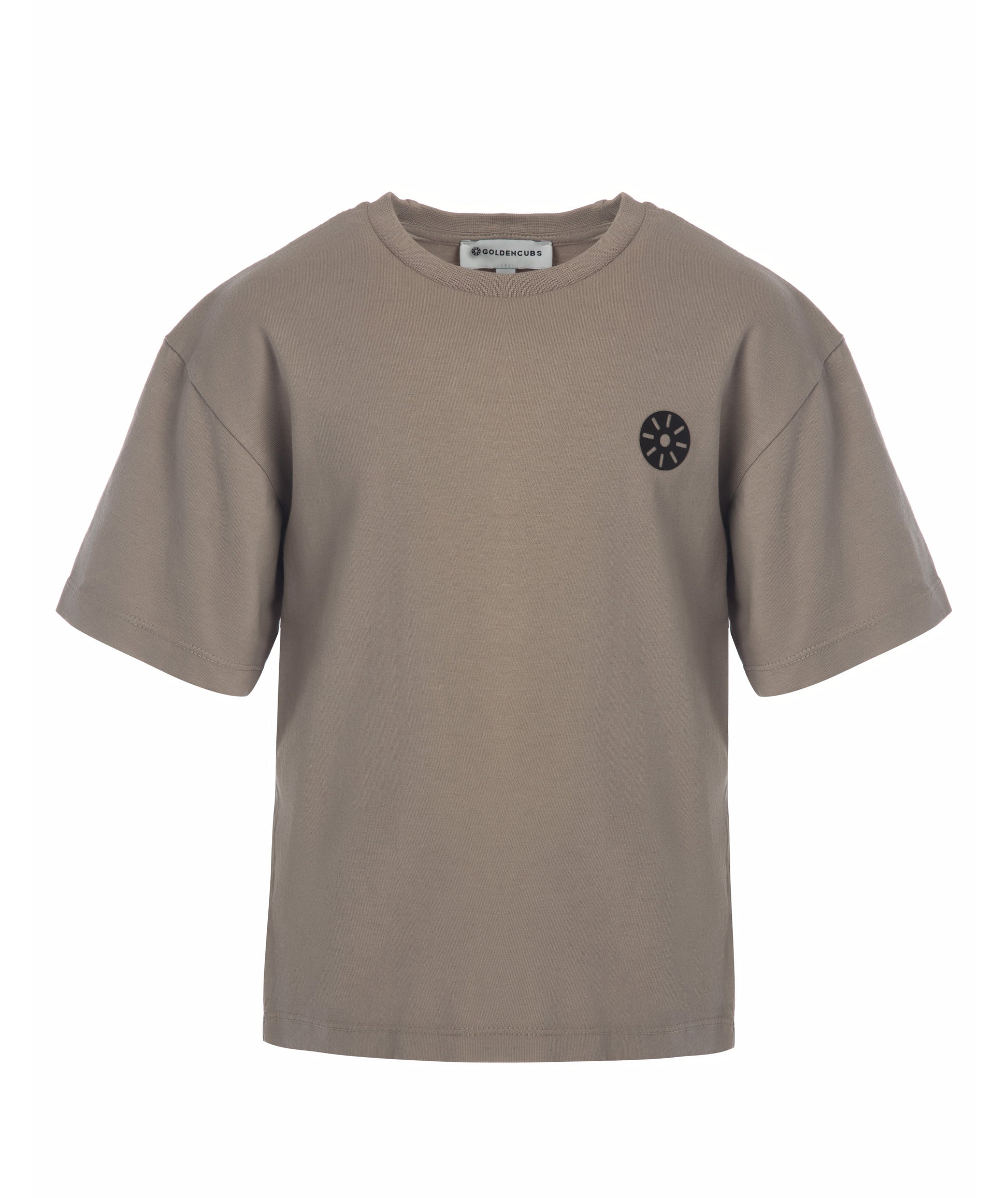 Front view of Goldencubs boys taupe cotton T-shirt laid flat, showcasing minimalist cropped design.
