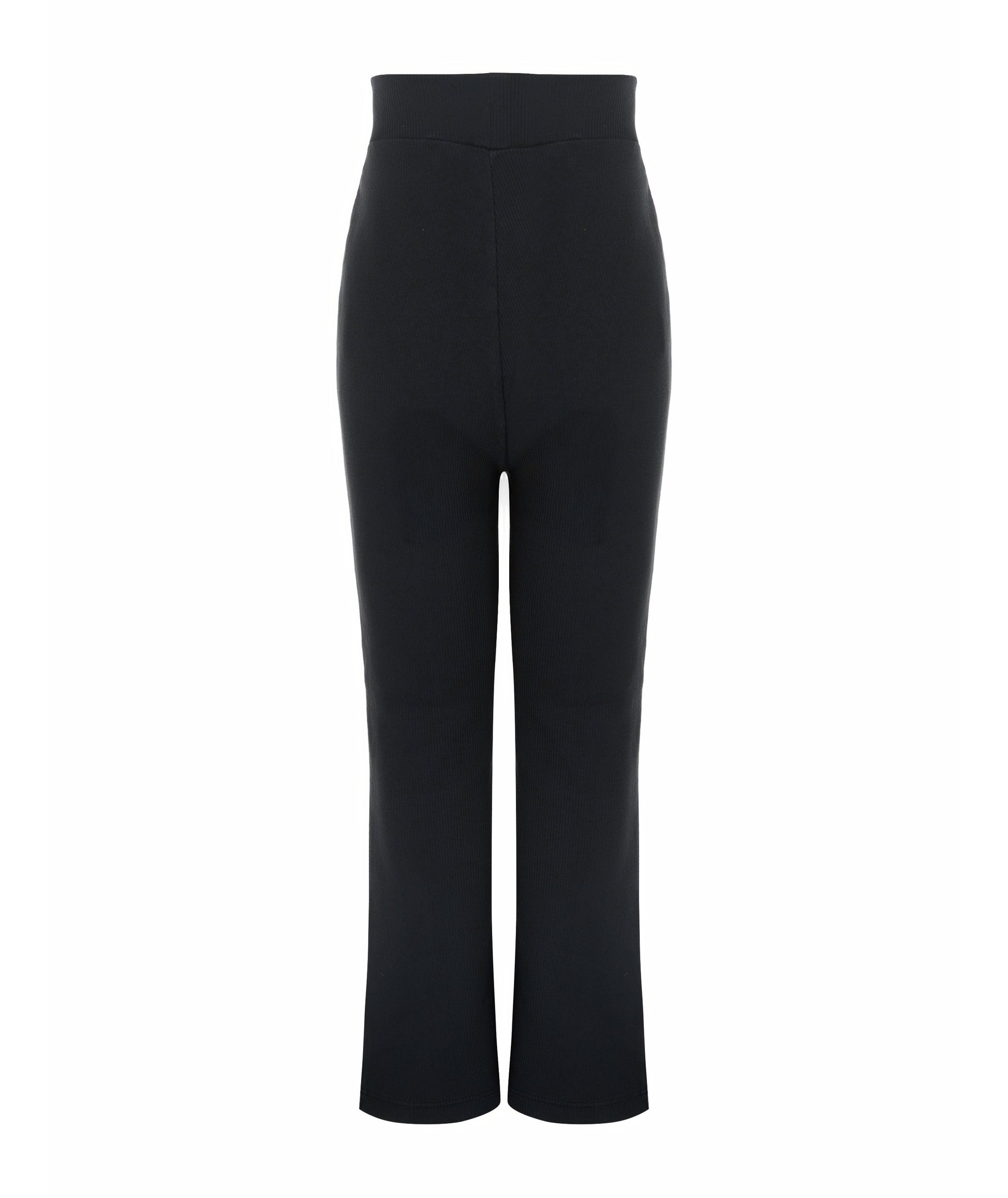 Back view of Goldencubs girls black cotton flared pants laid flat, showing ribbed cotton texture and minimal seam design.