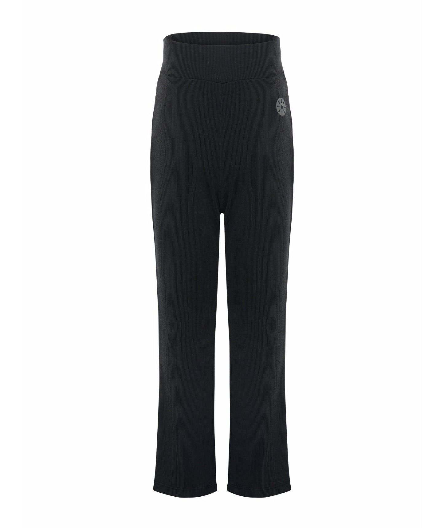 Front view of Goldencubs girls black cotton flared pants laid flat on white background, highlighting high-waist fit and smooth hem.