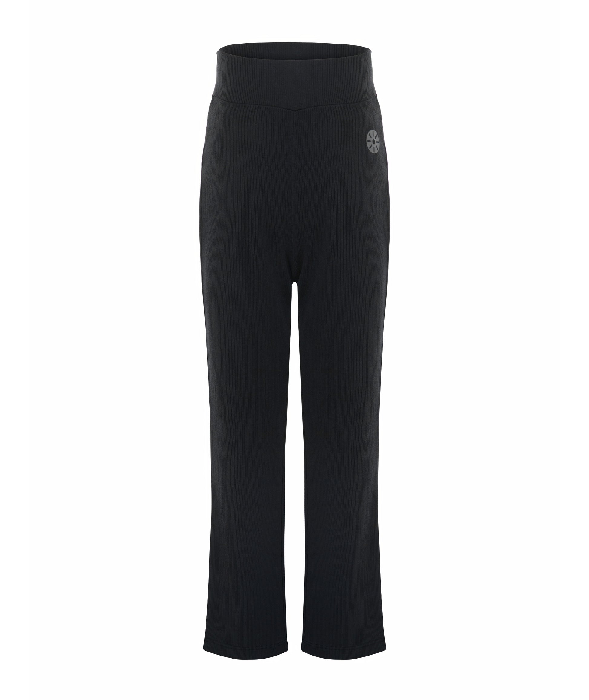 Front view of Goldencubs girls black cotton flared pants laid flat on white background, highlighting high-waist fit and smooth hem.