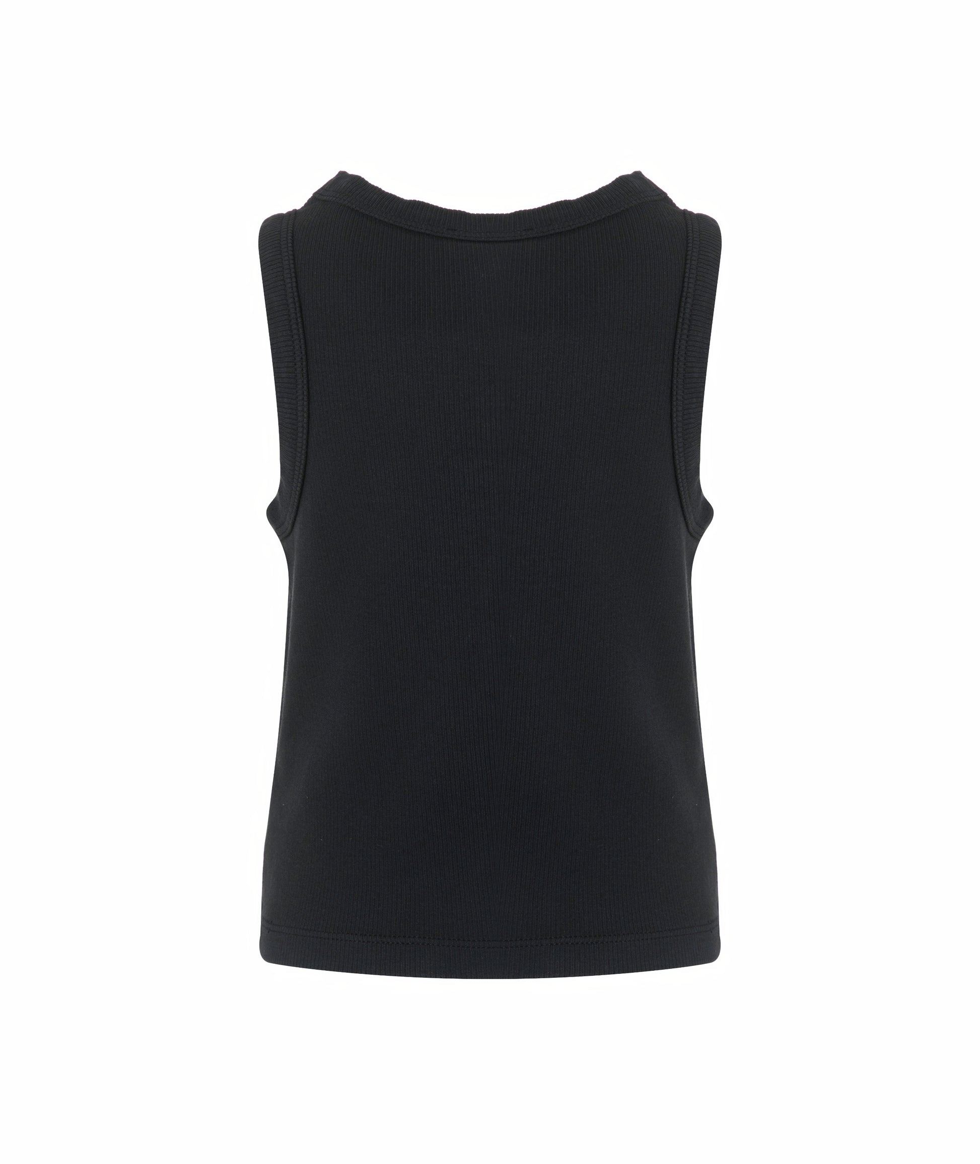 Back view of Goldencubs girls charcoal cotton tank top laid flat, showing clean seams and ribbed cotton finish.