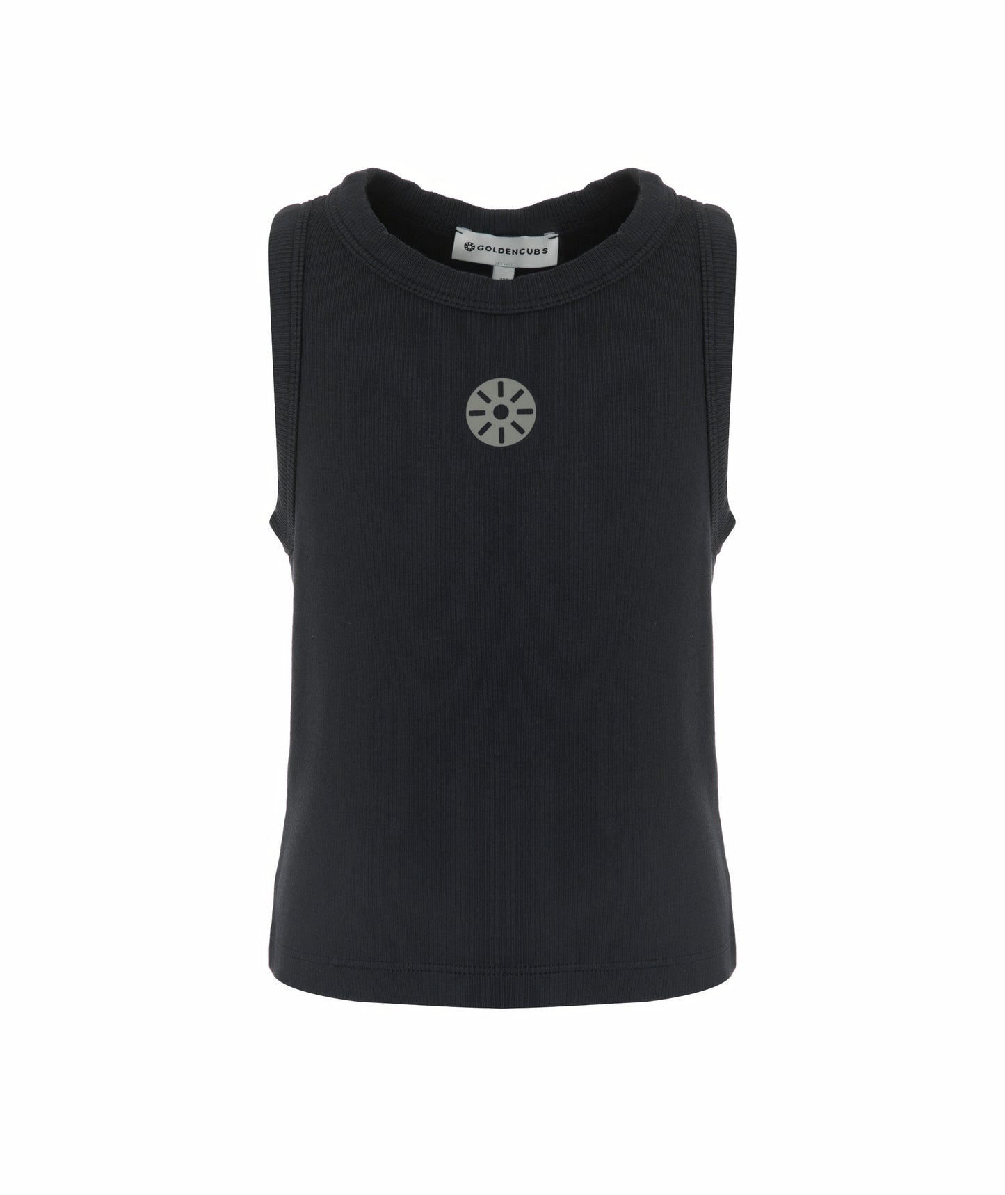 Front view of Goldencubs girls charcoal cotton tank top laid flat on white background, highlighting ribbed neckline and minimalist logo.