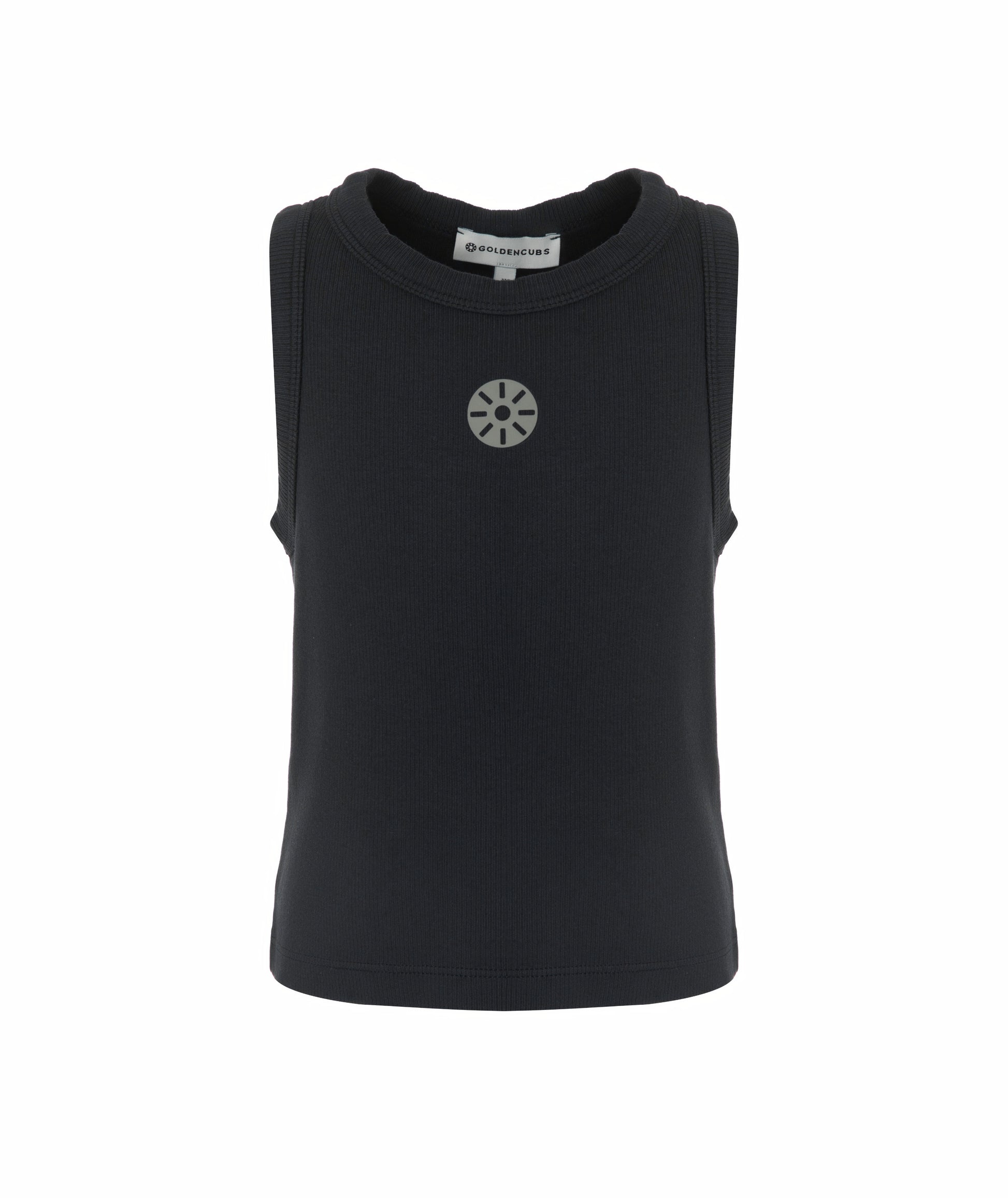 Front view of Goldencubs girls charcoal cotton tank top laid flat on white background, highlighting ribbed neckline and minimalist logo.