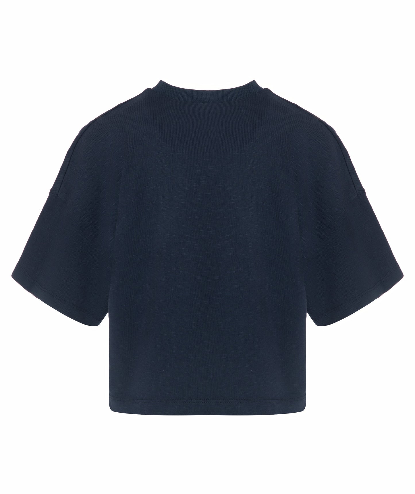 Back view of Goldencubs girls navy cotton cropped T-shirt laid flat, highlighting smooth cotton texture and relaxed hemline.