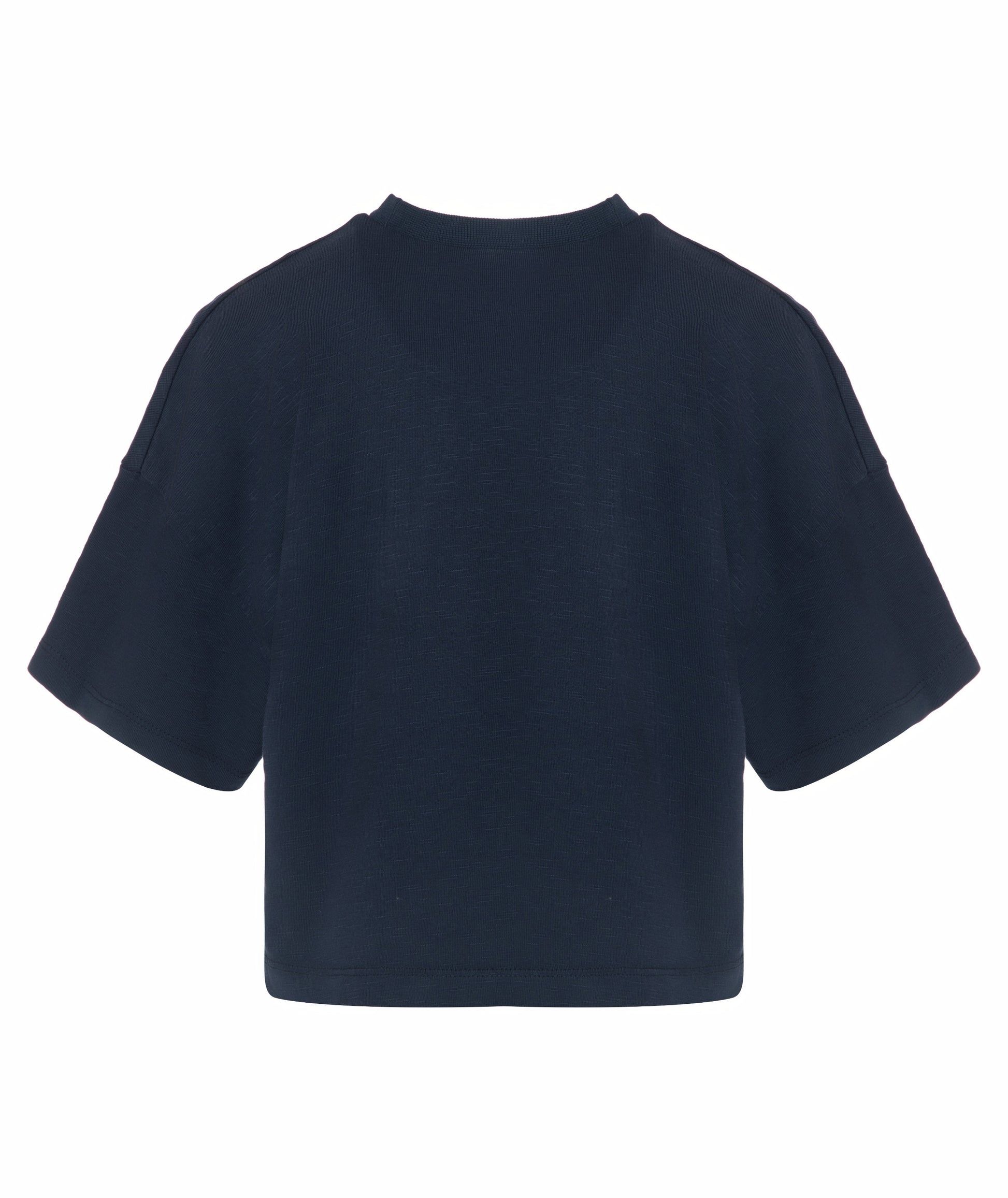 Back view of Goldencubs girls navy cotton cropped T-shirt laid flat, highlighting smooth cotton texture and relaxed hemline.