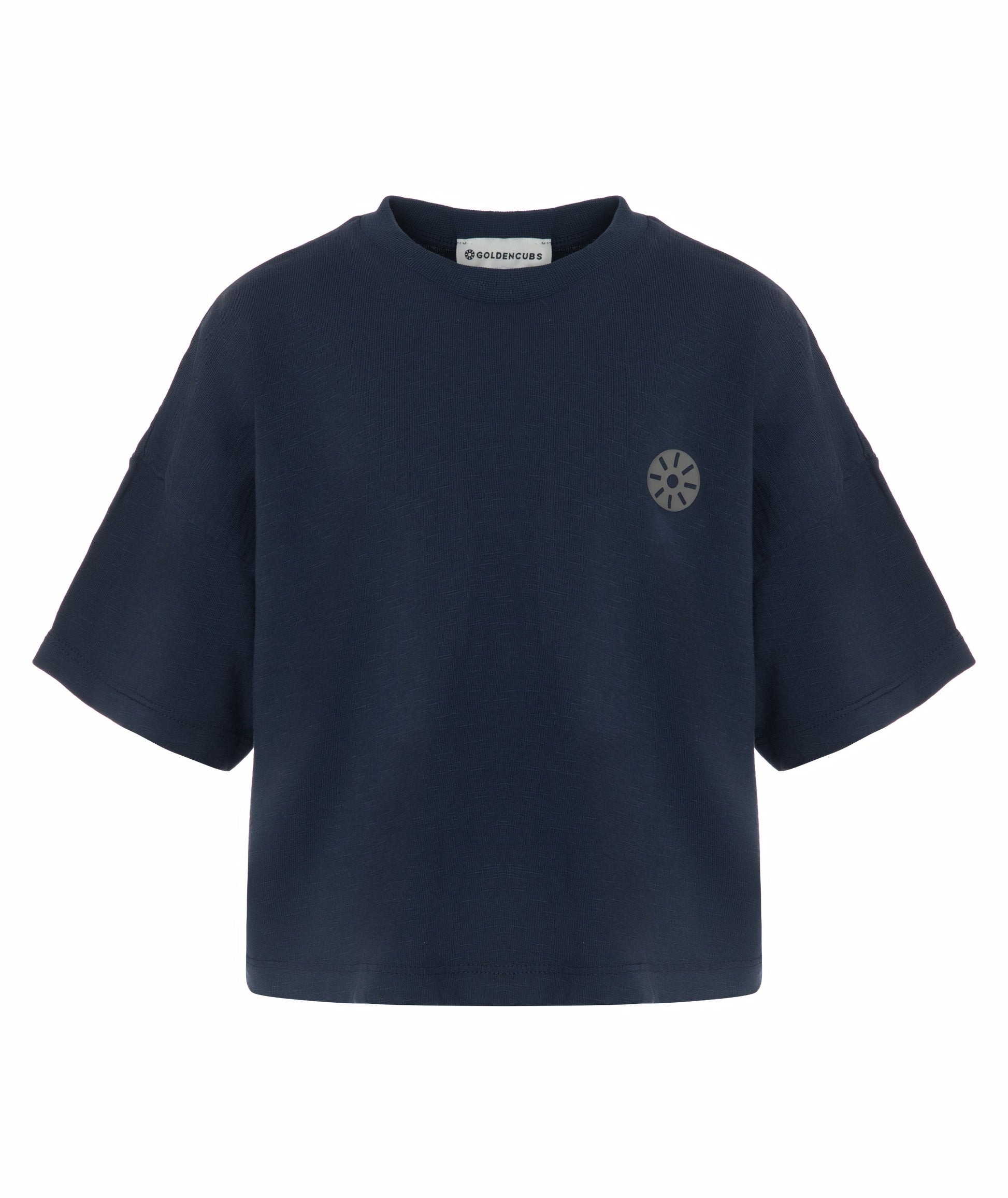 Front view of Goldencubs girls navy cotton cropped T-shirt laid flat on white background, showing short sleeves and logo print.