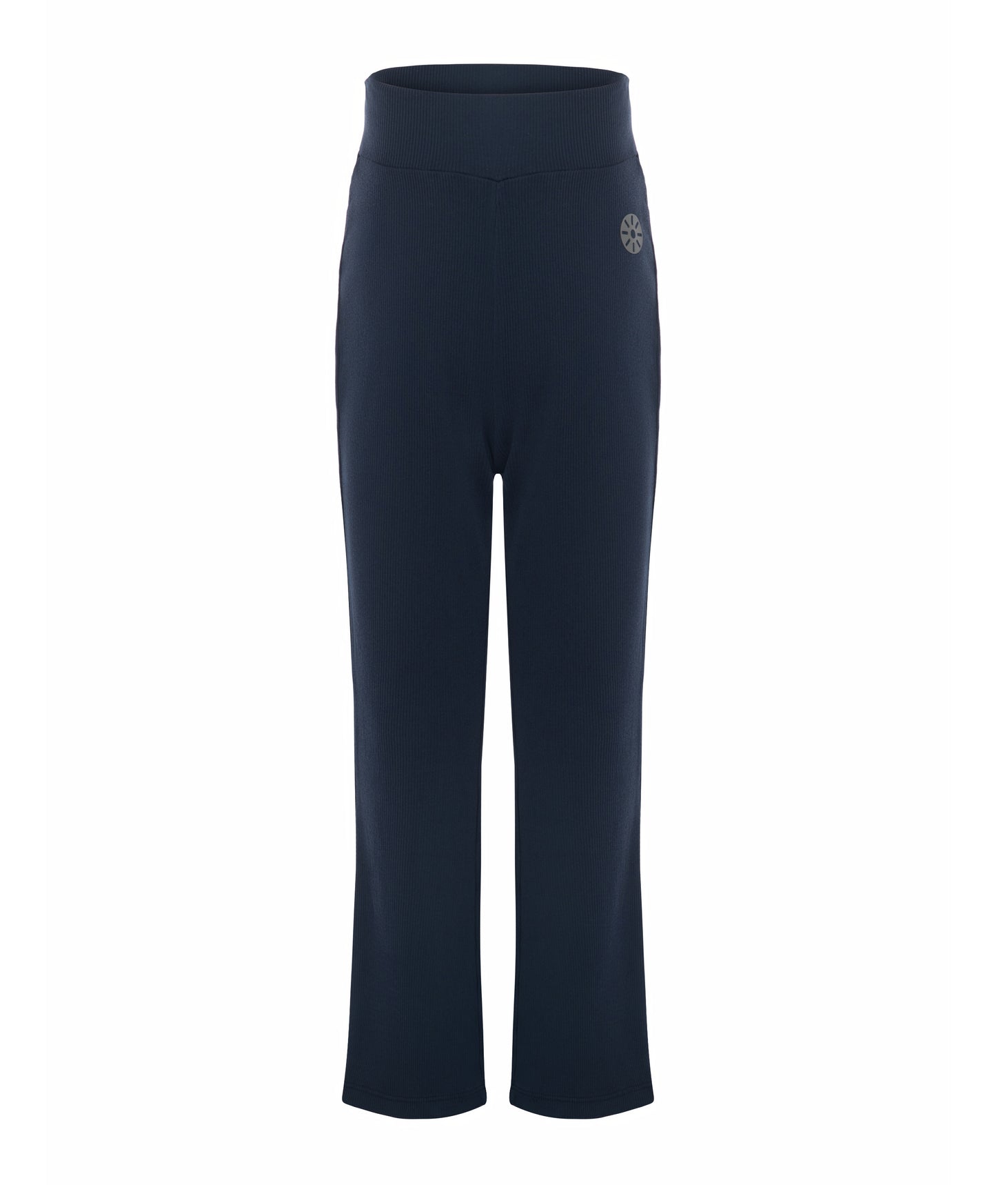 Front view of Goldencubs girls navy cotton flared pants laid flat on white background, highlighting ribbed waistband and clean seams.