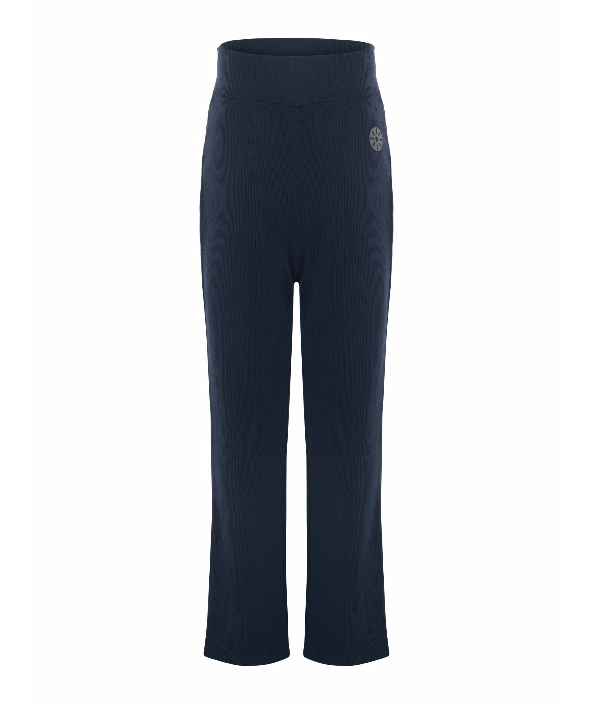 Front view of Goldencubs girls navy cotton flared pants laid flat on white background, highlighting ribbed waistband and clean seams.