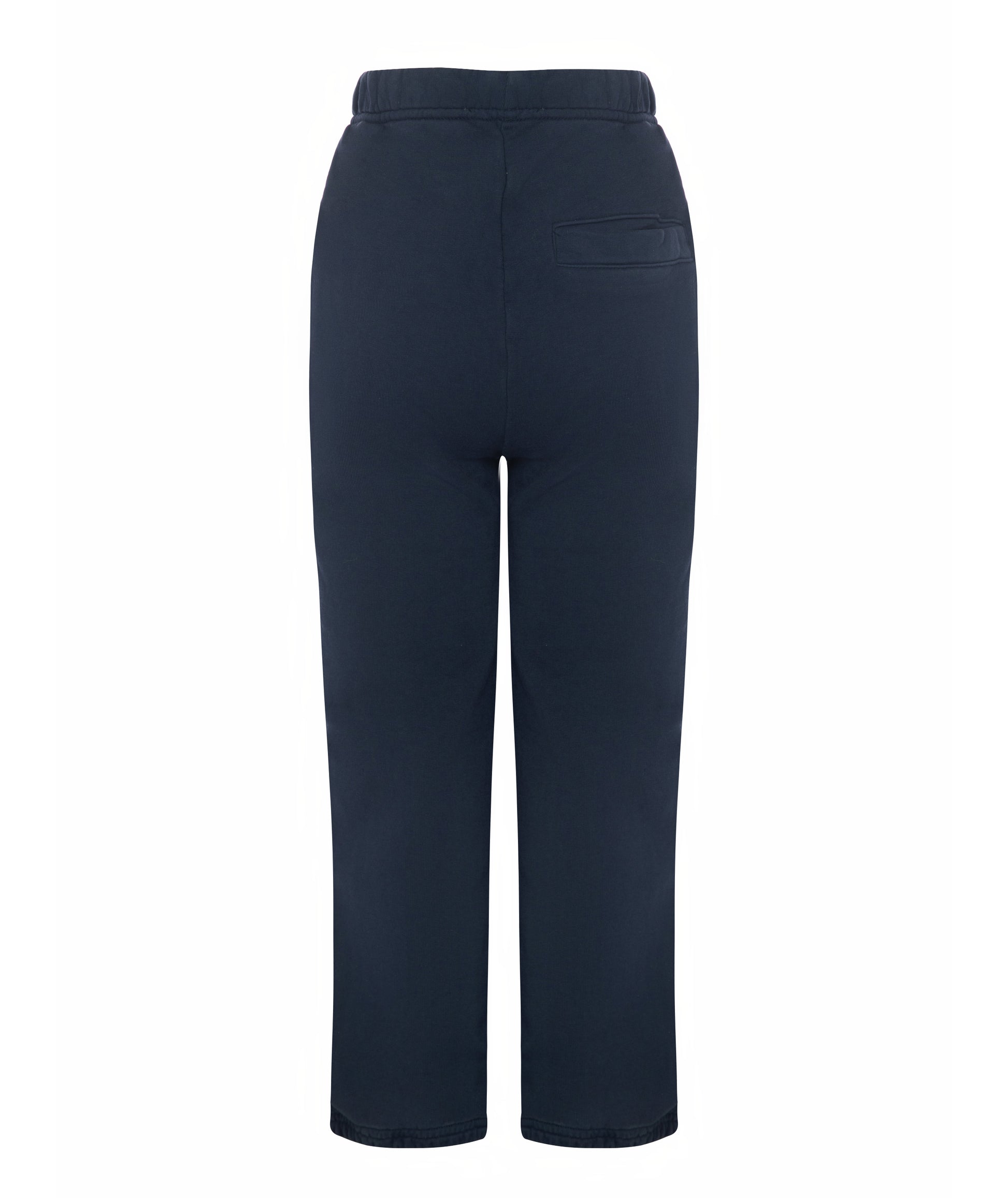 Back view of Goldencubs girls navy cotton sweatpants laid flat, showing single back pocket and ribbed waistband.