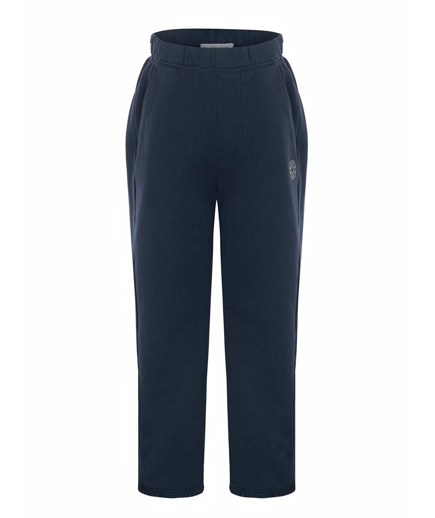 Front view of Goldencubs girls navy cotton sweatpants laid flat on white background, featuring side pockets and logo patch.