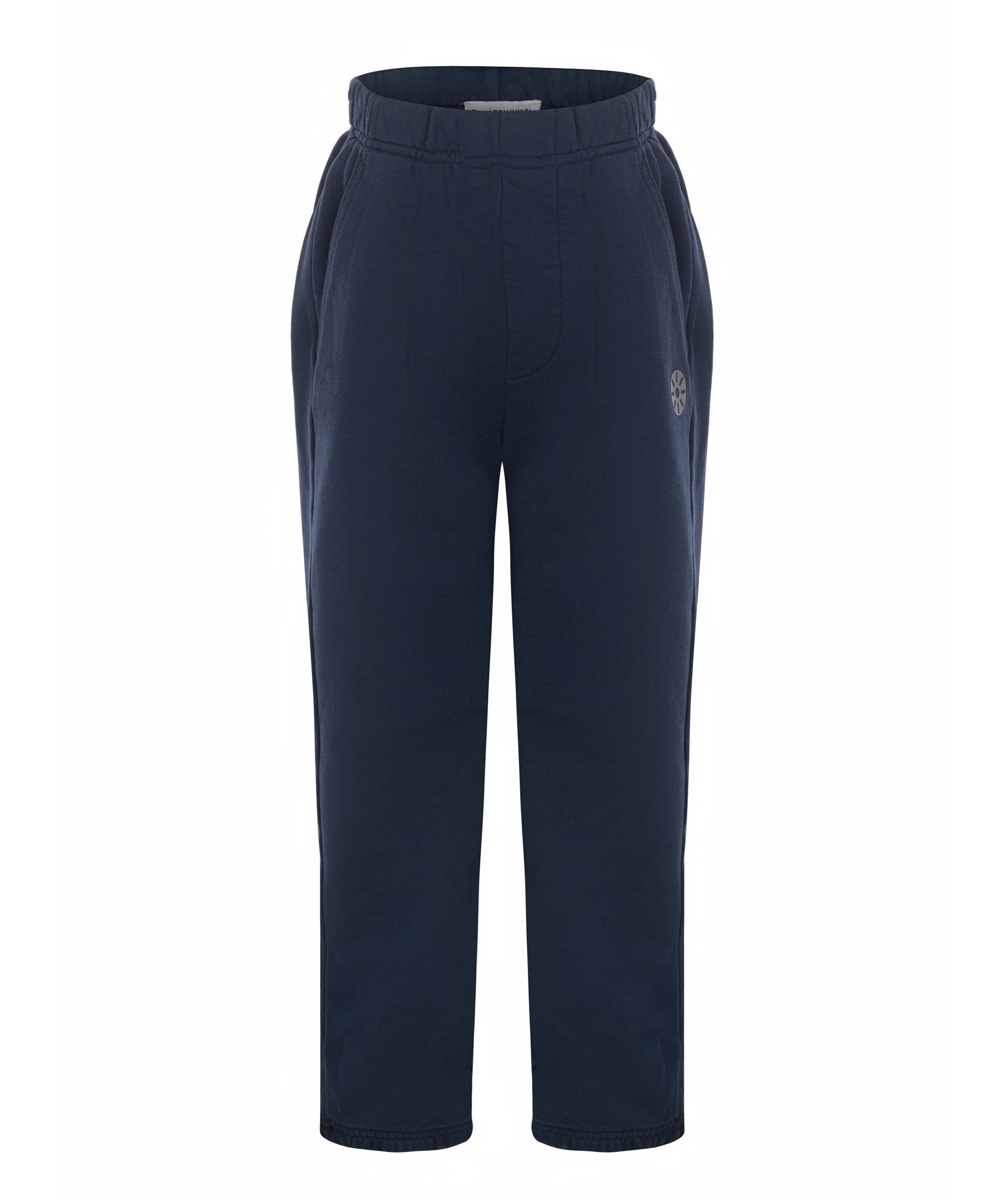Front view of Goldencubs girls navy cotton sweatpants laid flat on white background, featuring side pockets and logo patch.