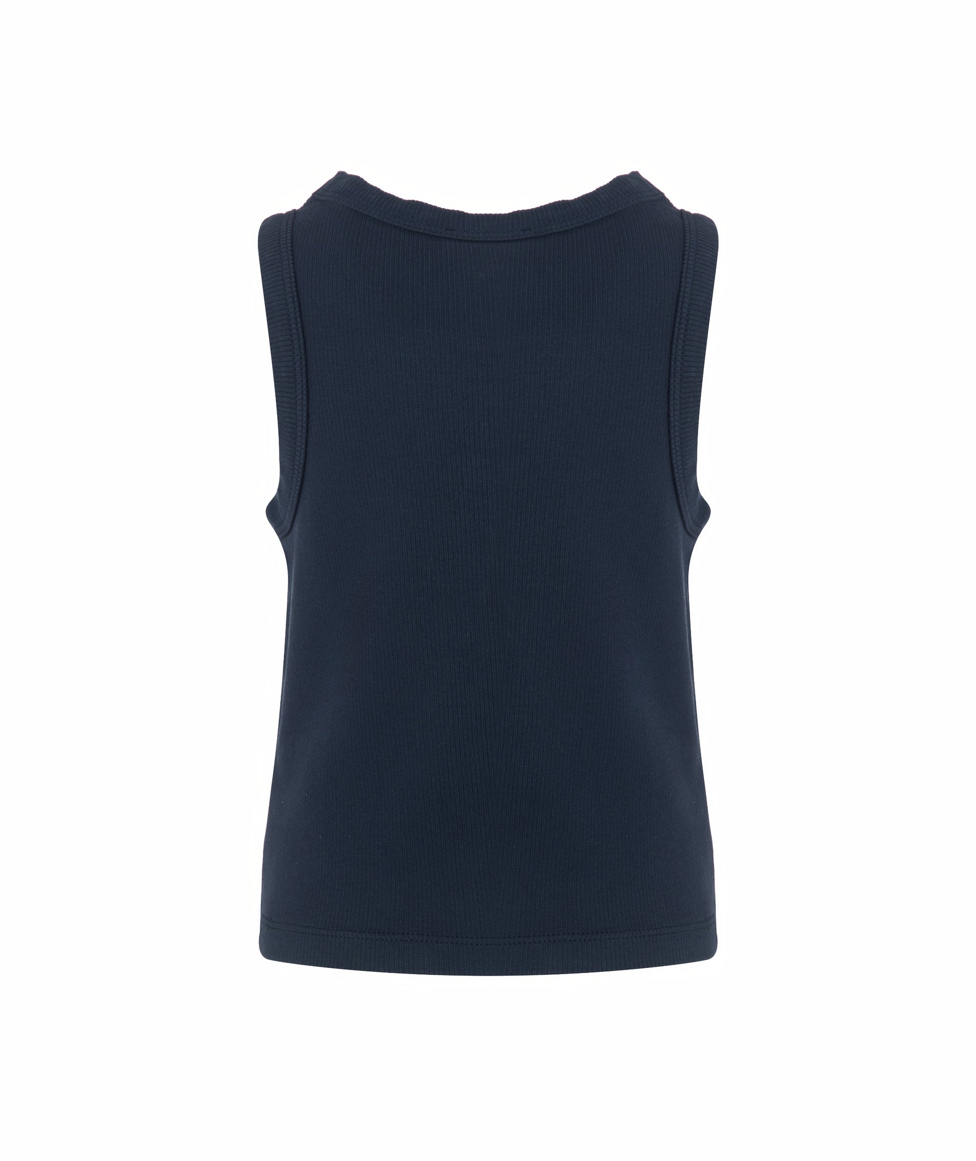 Back view of Goldencubs girls navy cotton tank top laid flat, highlighting ribbed cotton texture and smooth finish.